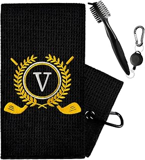 Personalized Golf Towels for Golf Bags - Microfiber Monogrammed Golf Towels for Men/Women, Retractable Brush Tool Kit with Club Groove Cleaner, Custom Golf Accessories for Golfers (Initial V)