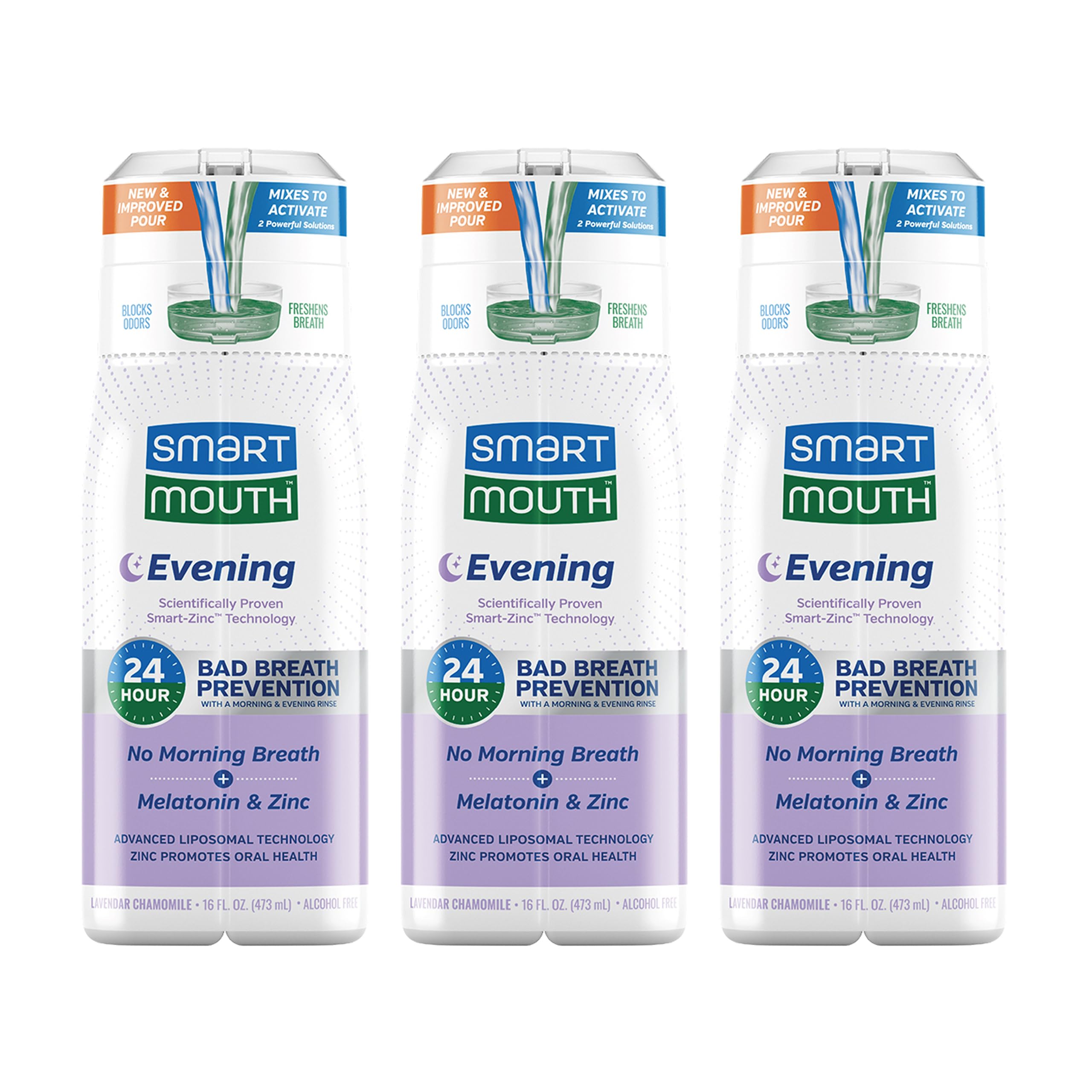 SmartMouth Advanced Liposomal Evening Mouthwash - No Morning Breath - Melatonin & Zinc - Dual-Solution Zinc-Activated Nighttime Mouthwash - Lavender & Chamomile - Alcohol Free - 16 fl oz, 3-Pack