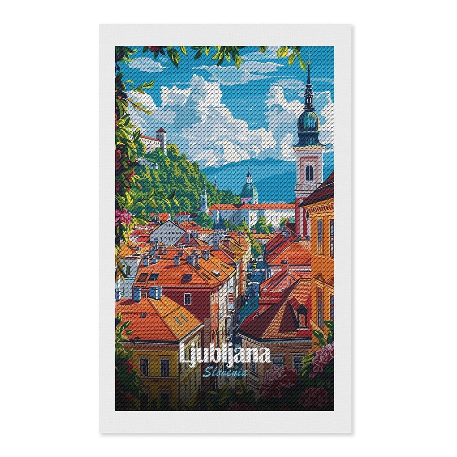 Junmoney Ljubljana, Slovenia Cityscape Illustration Diamond Painting Canvas Kit 12"x20", Adhesive Canvas, Christmas Gift, Full Kit Included, Thoughtful Present