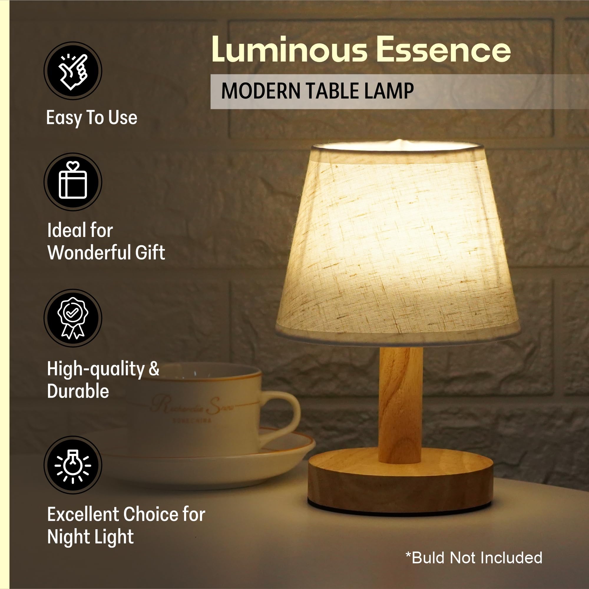 Kuber Industries Aesthetic Dimmable Bedroom Lamp for Side Table | Office & Desk Table Lamp for Living Room and Home Decor with Fabric Shade & Wooden Base | Natural Wooden Brown-TA-005 - Image 2 thumbnail