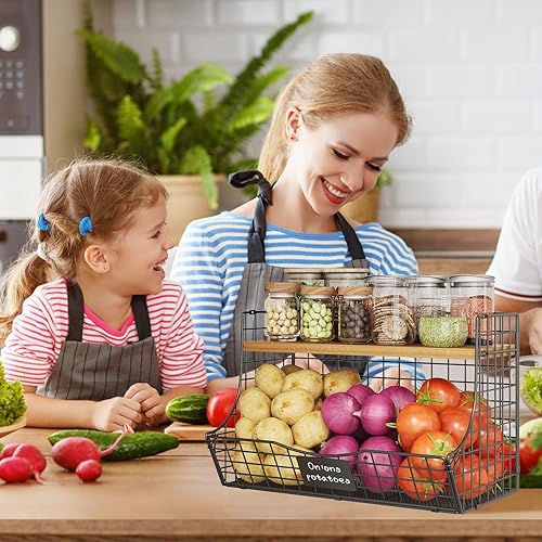 Miniatura 4 de Cesta de frutas extra grande para cocina con tapa de madera, placa de identificación  Contenedor de almacenamiento de cebolla y papas montado en la