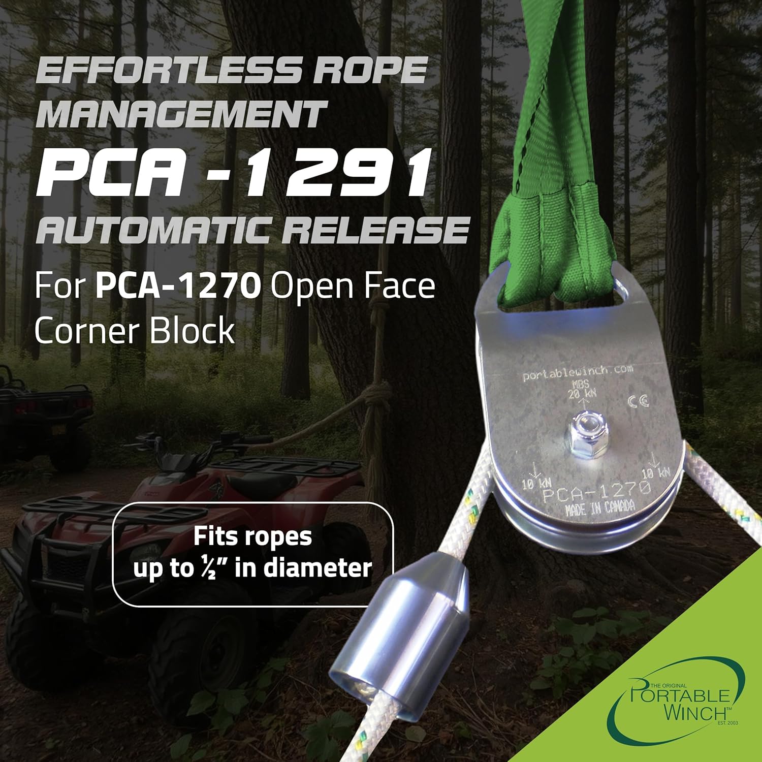 Portable Winch PCA-1315 All-Terrain Rigging Kit, PCA-1310 Ball Hitch Pulling Plate, Open-Face Corner Block, and Automatic Rope Release Bundle for Logging, Skidding, Hauling, and Rigging