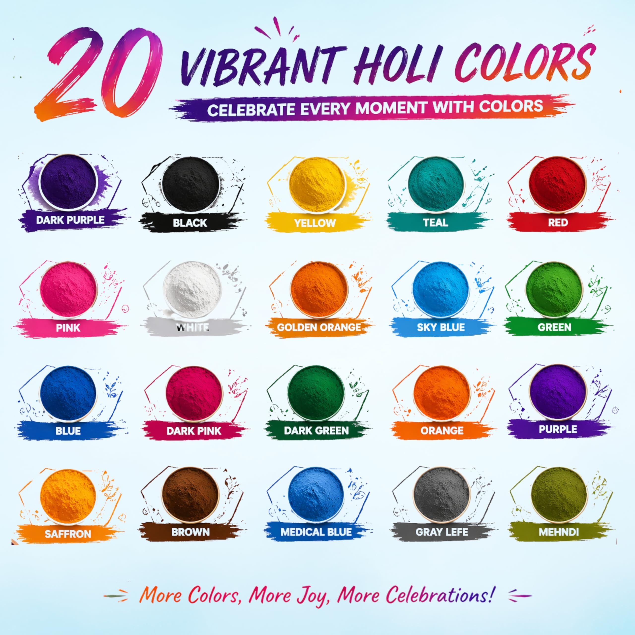 Holi Color Poudre Gulal Soluble dans l'eau Naturelle pour Festival Photographie Rangoli Arc-en-Ciel Photographie de Chien Poudre de Couleur (Mix 20)