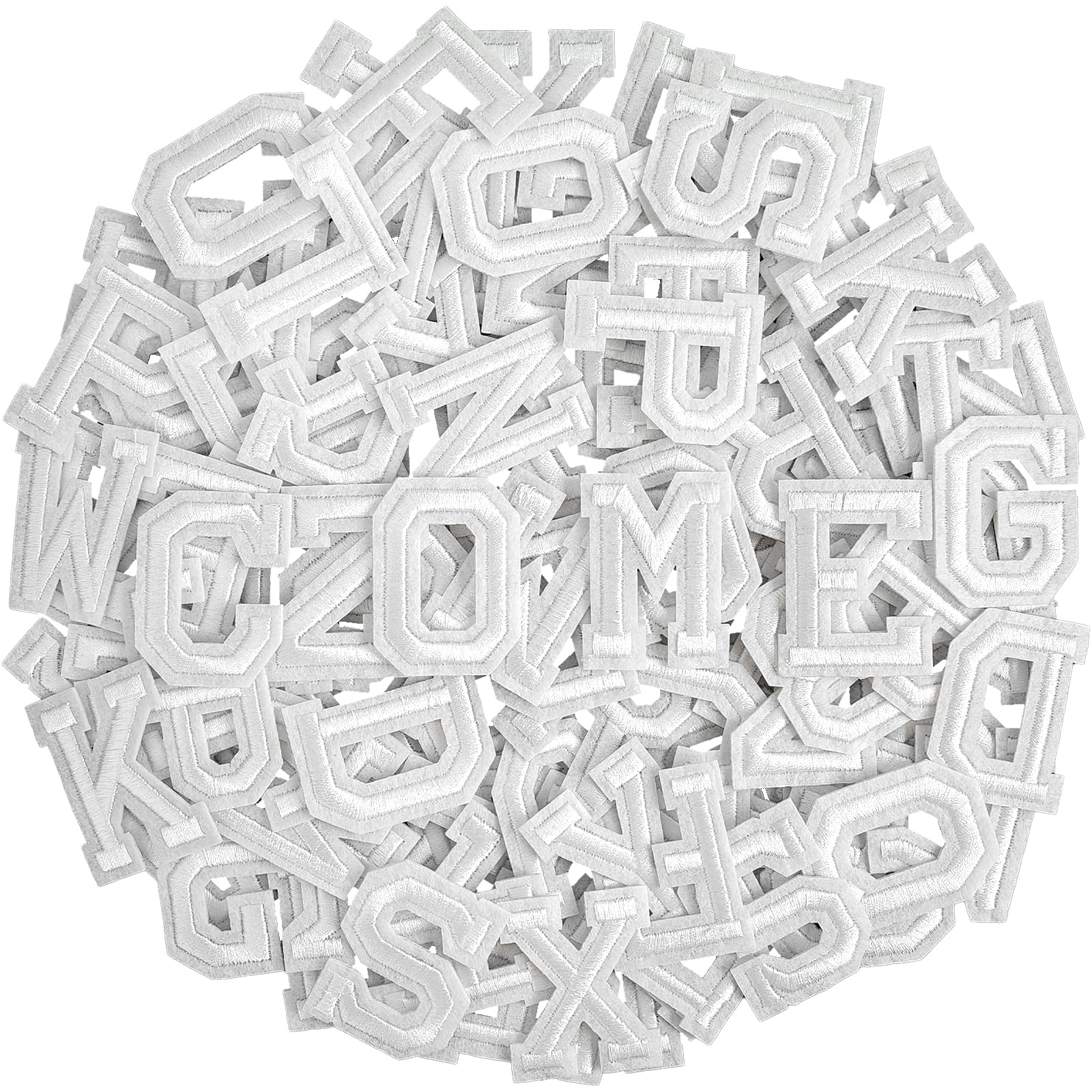 Photo 1 of 104pcs White Iron on Letters Patches, Embroidery Fabric Letters Applique Patch for Clothing, Jackets, Jeans, Hats, Backpacks, Socks