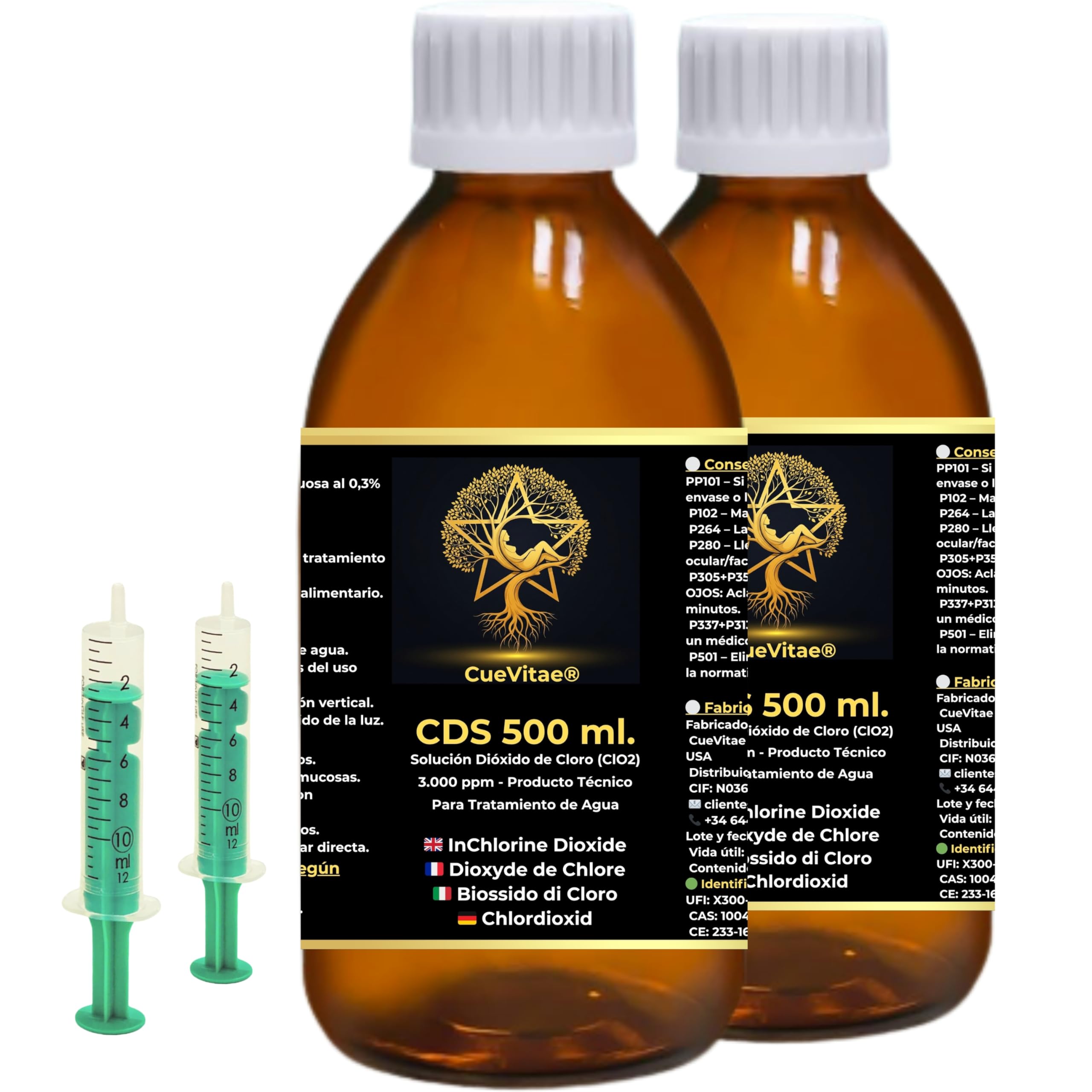 CDS 500 ml x 2 (dwutlenek chloru 3000 ppm / 0,3%) – bursztynowy szklany pojemnik ze strzykawką dozującą – ekskluzywne rozwiązanie do uzdatniania wody