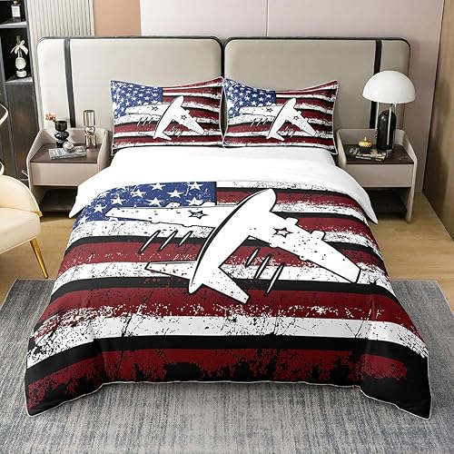 Erosebridal Juego de ropa de cama de algodón 100% natural con bandera estadounidense, funda de edredón de avión militar, funda de edredón vintage disponible en Yaxa Venezuela