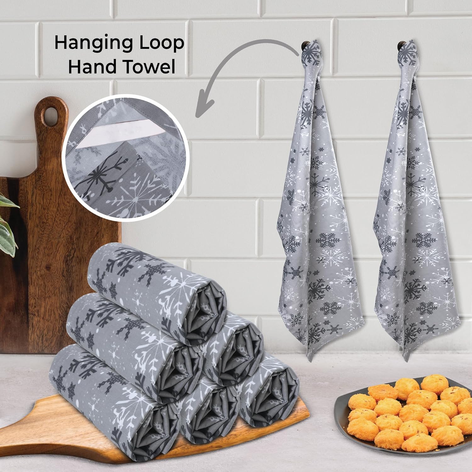 Urban Villa Christmas Kitchen Towels Grey Snowflake Print Premium Quality 100% Cotton Dish Towels Mitered Corners Over Sized 20X30 Inches Set of 6 Highly Absorbent Kitchen Towels with Hanging Loop - Image 4