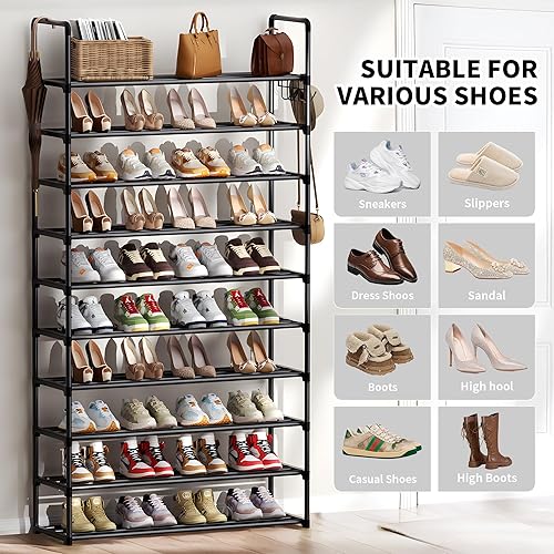 Miniatura 7 de Zapatero, organizador de almacenamiento de zapatos de 10 niveles con ganchos, se adapta a 40-45 pares de zapatos, estante alto de metal para