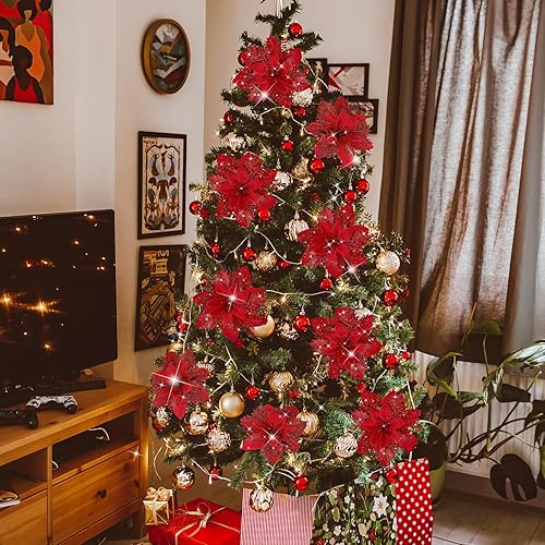 Miniatura 4 de Childom 15 piezas de flores de pascua artificiales azules con clips, decoraciones de Navidad, flores de pascua con purpurina, adornos de Navidad