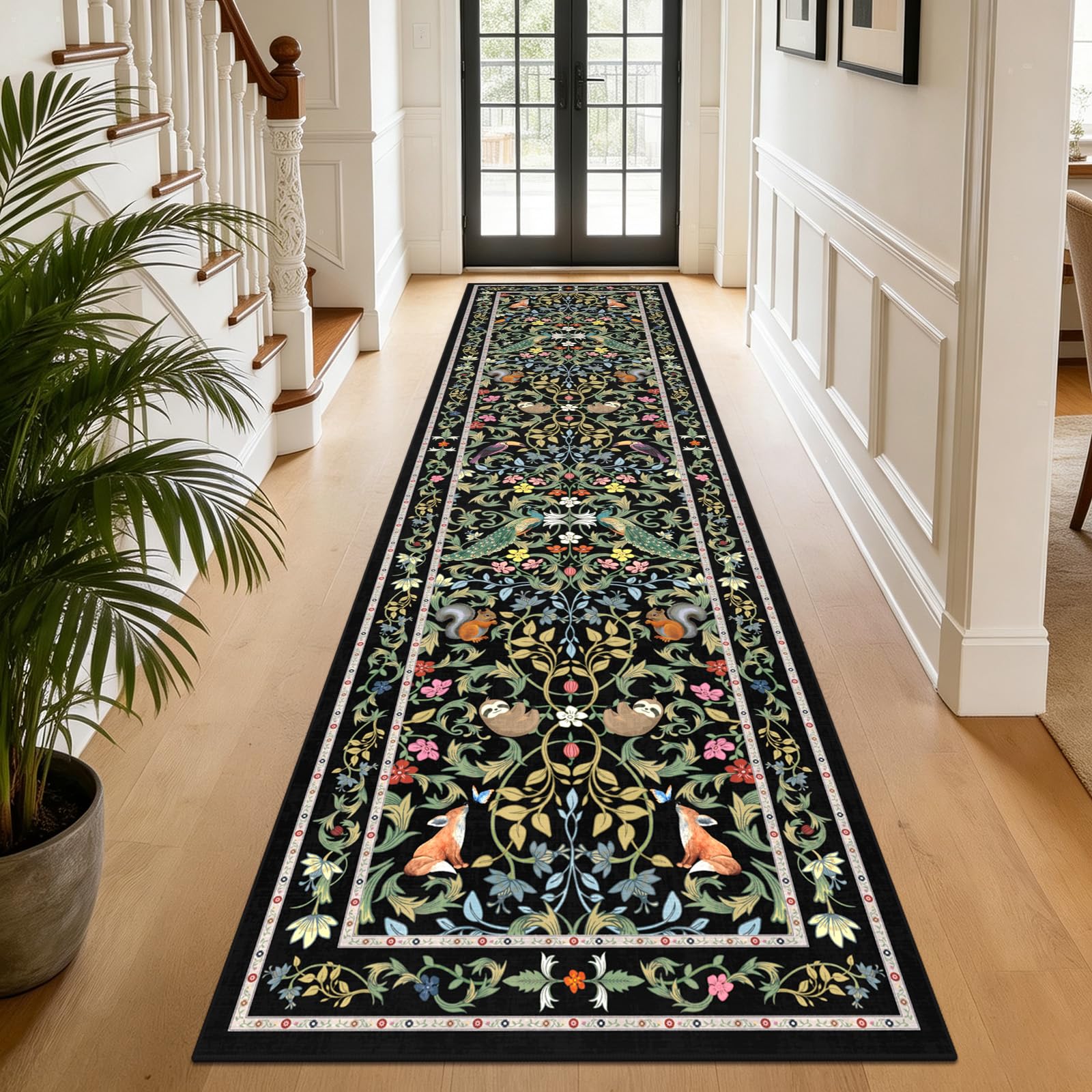 TUKDAK Runner Rugs for Hallway Non Slip 80x300cm, Black Animal Washable Kitchen Carpet Runner, Boho Forest Floral Long Hall Rug for Entryway Bedroom Laundry Living Room, Low Pile Non Shedding