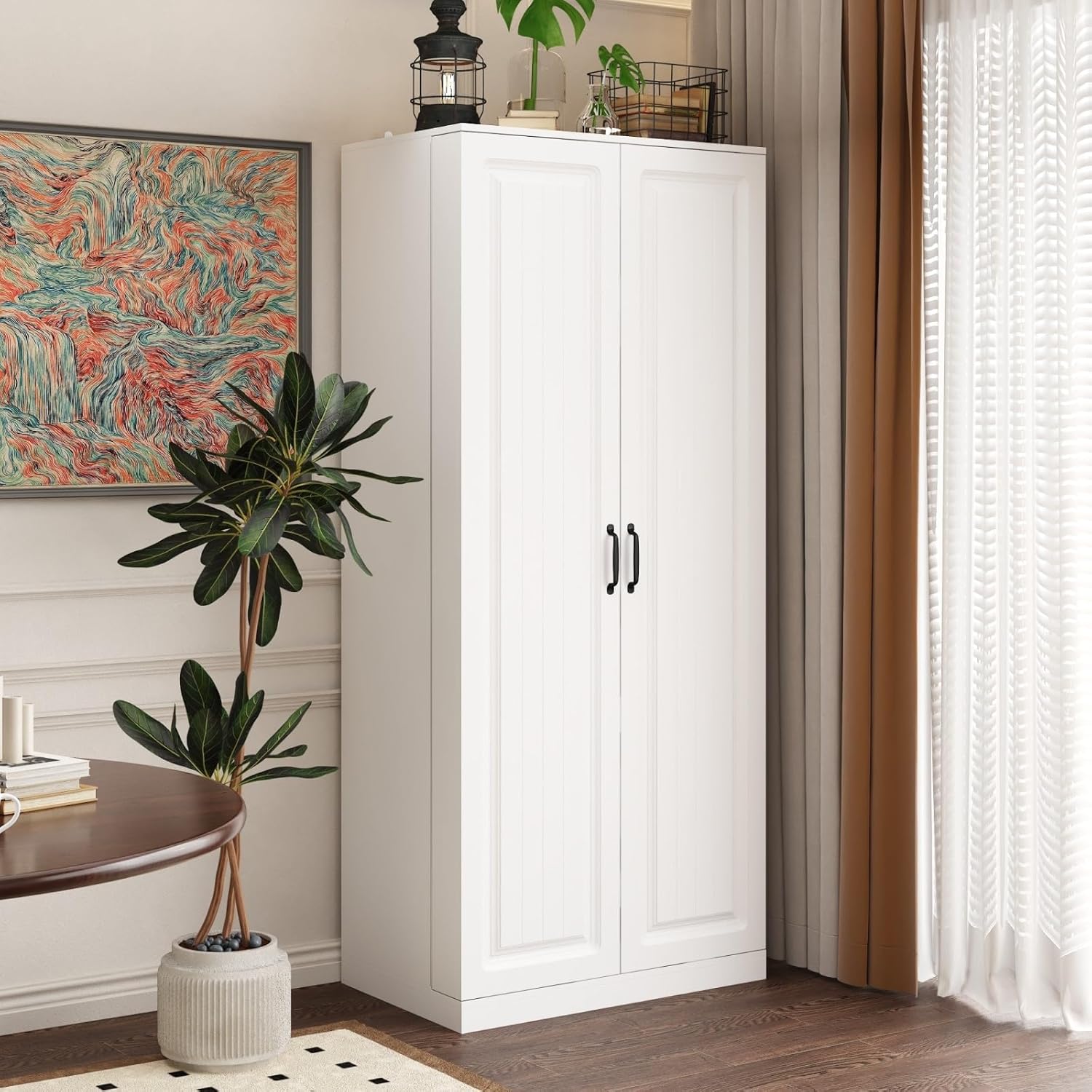 MOUMON Kitchen Pantry Storage Cabinet with Doors and Shelves, Rotating Racks, Tall Pantry Cabinet Cupboard with Door Racks, White, 19.7”D x 31.5”W x 72.2”H