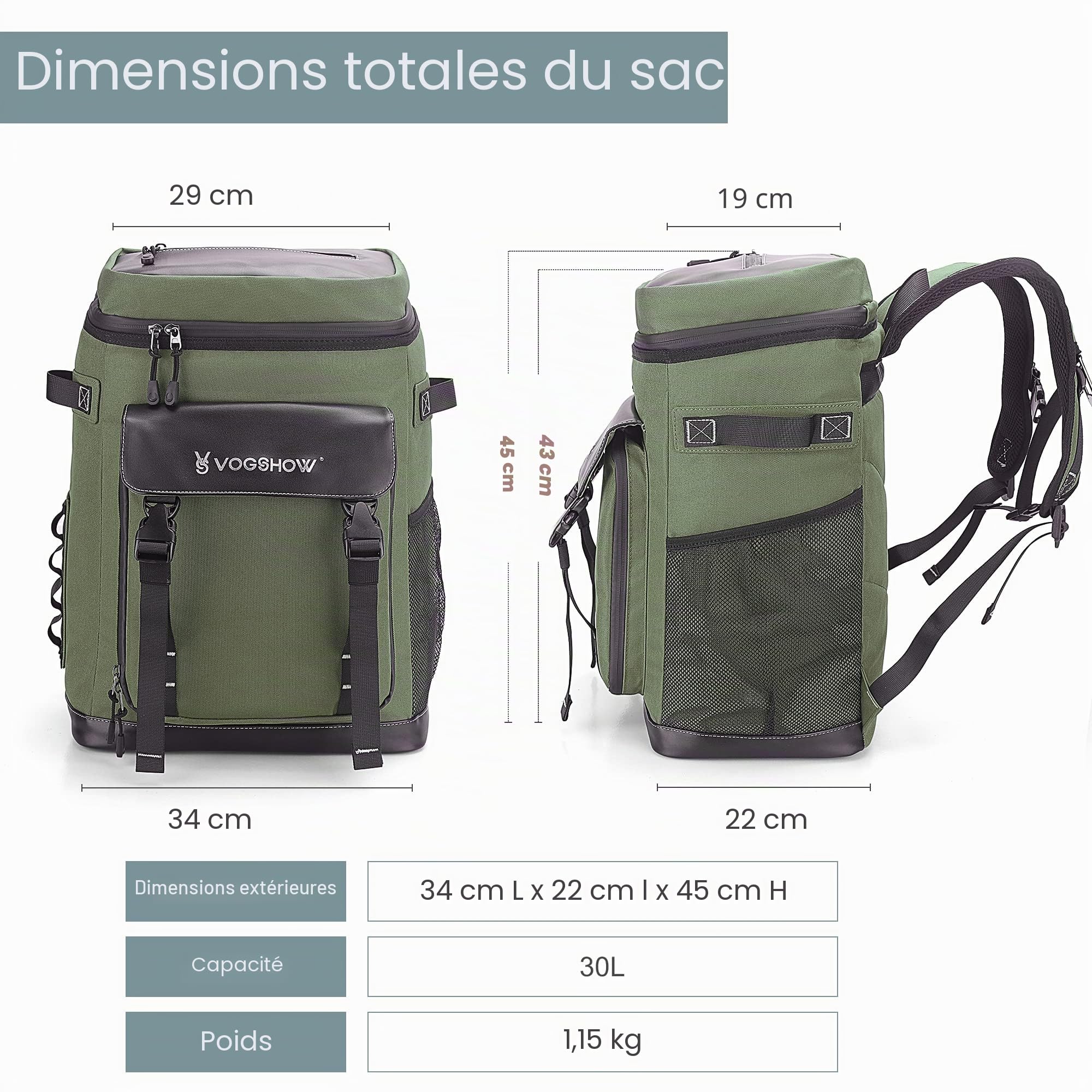 VS VOGSHOW 30L Grand Sac à Dos Isotherme Pique-Nique, Sac à Dos Glacière Multifonctionnel pour Camping, Famille-Extérieur, Shopping, Voyages, Pêche et Plage