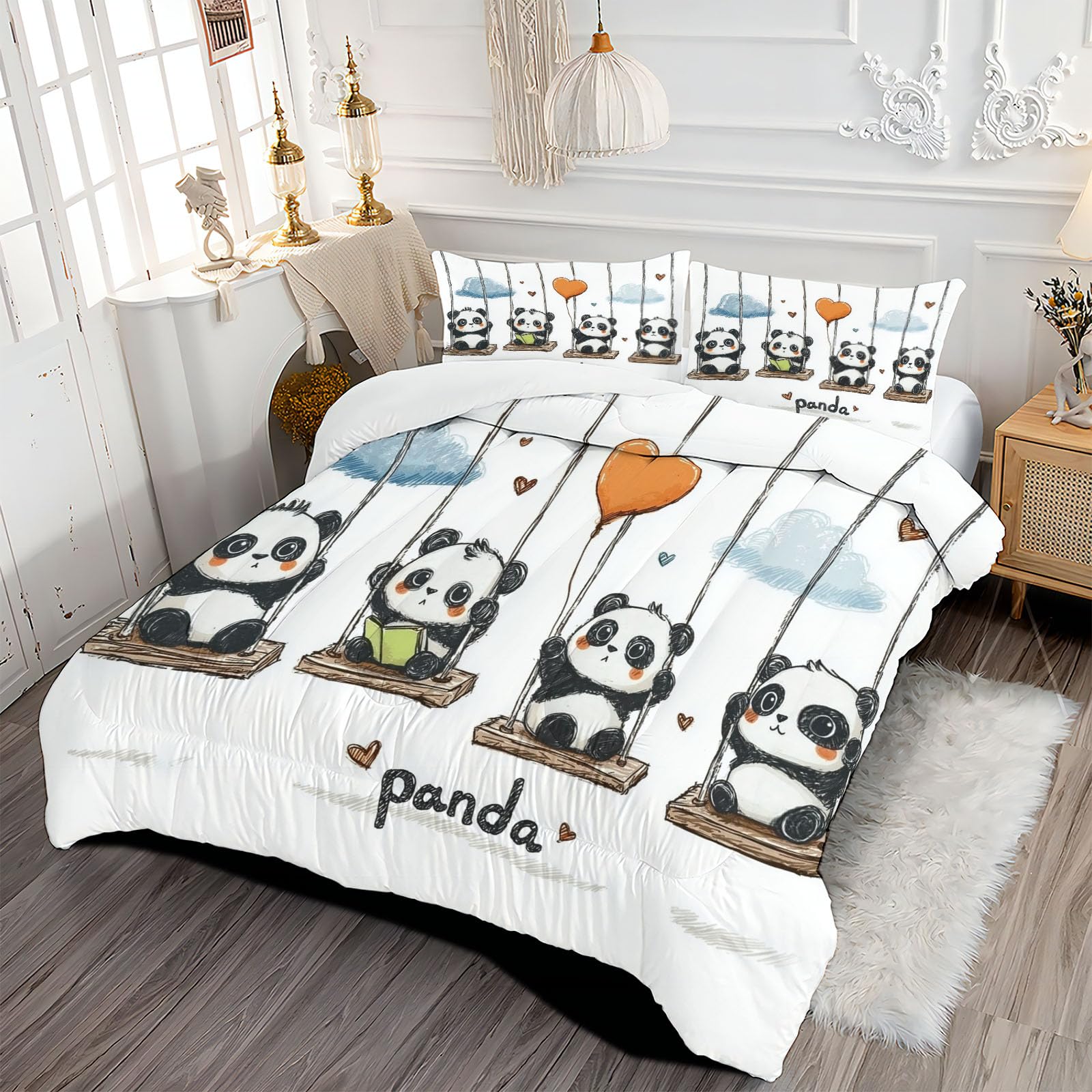 Edredon Cama 135/150 Panda Dibujos Animados Estampado Infantil, Edredón Nórdico 4 Estaciones 240x220cm, Colcha Transpirable De Microfibra Lavable Acuarela Animales, 2 Fundas De Almohada