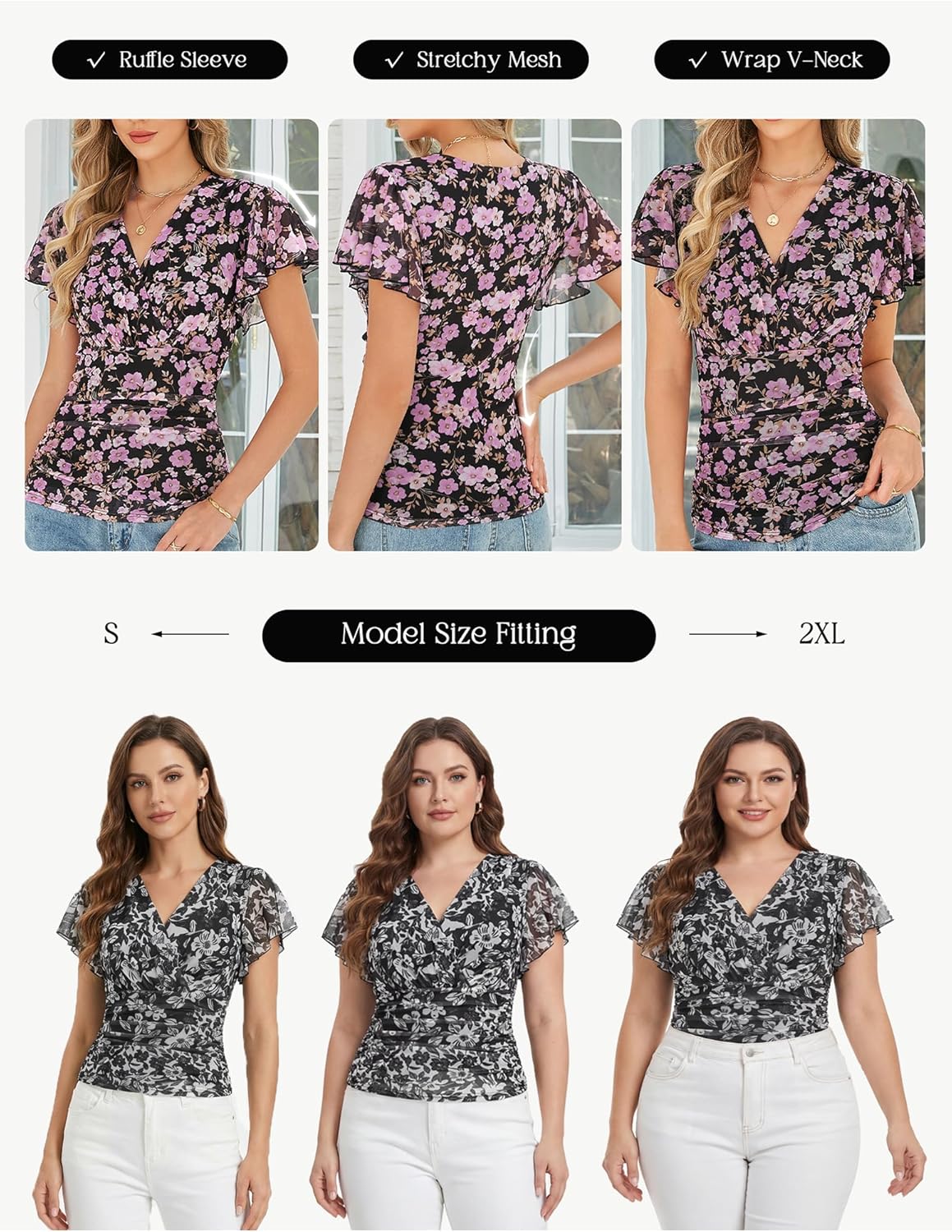 GRACE KARIN 2026 Womens Mesh Tops Summer Ruffle Sleeve Dressy Casual Top Floral Wrap Blouse Fashion Outfits - Image 5