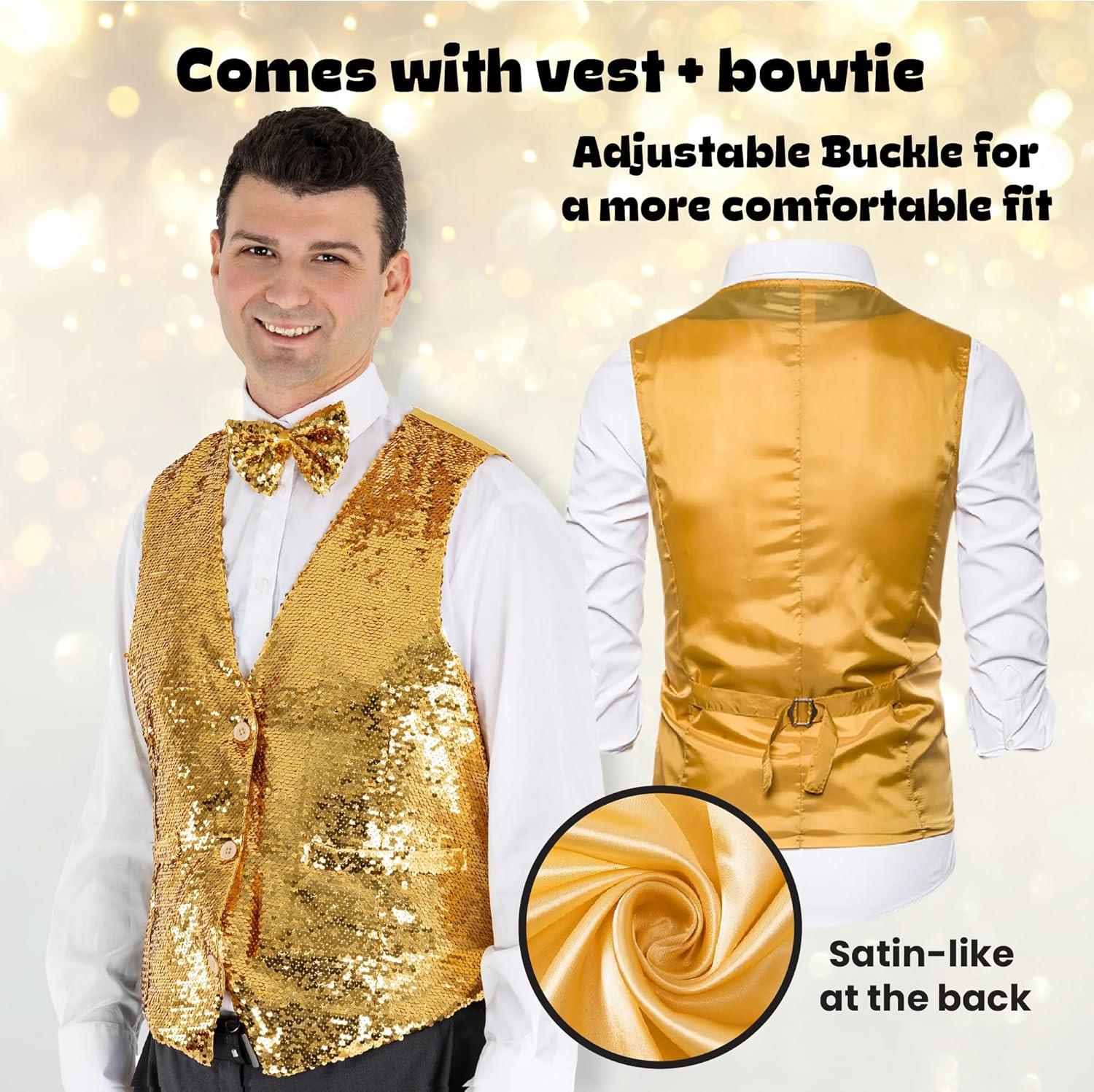 Dress Up America Sequin Vest with Bowtie - Sparkly Vest for Men - Costume Party Vest for Adults - Men Sequin Vest (Silver) - Image 2