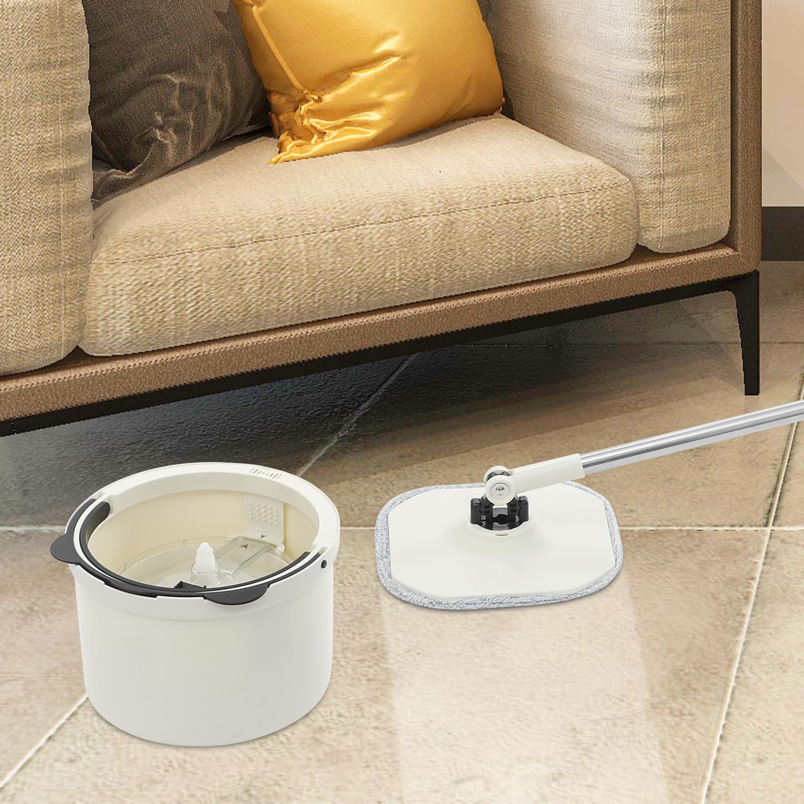 Juego de fregona y cubo giratorio negro, conjunto de limpieza con mango telescópico ajustable y cubo giratorio de 360° con 5 paños de limpieza para fregonas