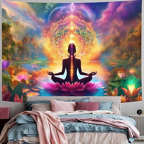 Miniatura 7 de NTERC Tapiz de meditación de yoga, hippy dios, buda, chakra, tapiz de loto morado, paisaje espiritual psicodélico, decoración de pared, tamaño