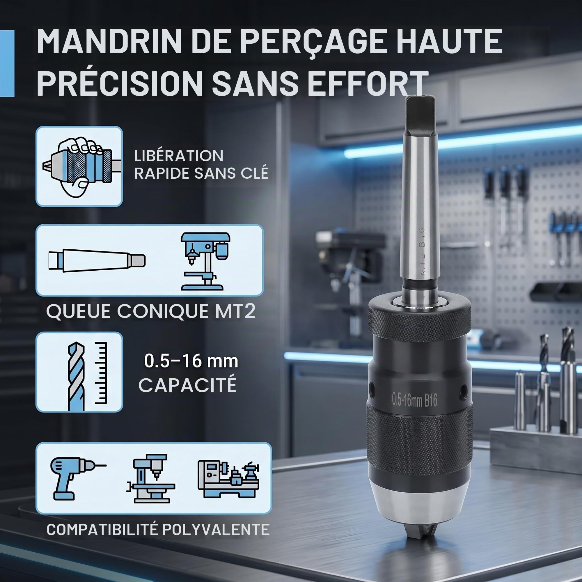 Mandrin de Percage MK2- B16, Mandrin Sans Clé Plage de Serrage 0.5‑16mm Cône Morse Mandrin Auto-serrant Sans Clé Mandrin pour Perceuse à Colonne, Fraiseuses et Tours