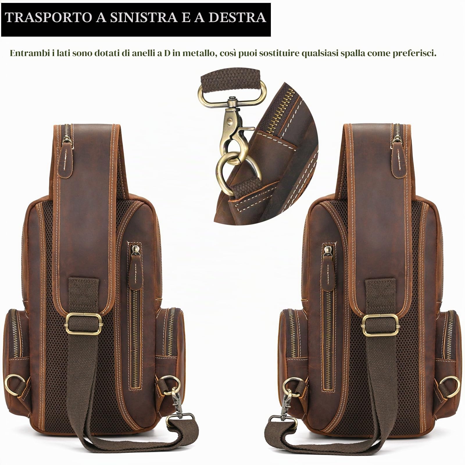 Zaino Monospalla Uomo Vera Pelle Borsello Uomo Pelle Tracolla Spalla Sling Bag Crossbody Bag Borse Petto per Trekking Viaggi Lavoro Scolastici