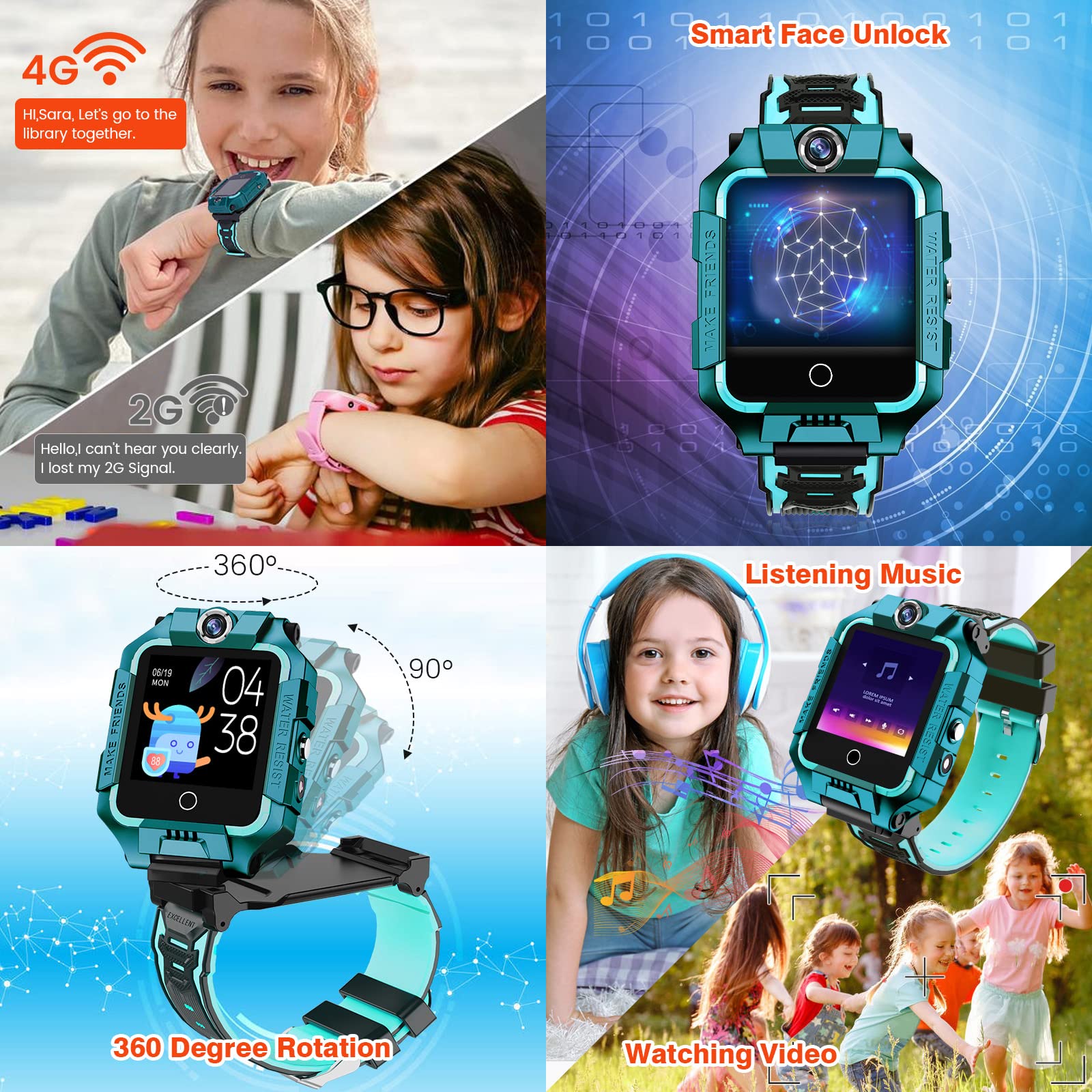 Ele Smart 4G Watch GPS per Bambini, Orologio con Doppia Fotocamera a 360°, Videochiamata WiFi, Contapassi SOS, Impermeabile IP67