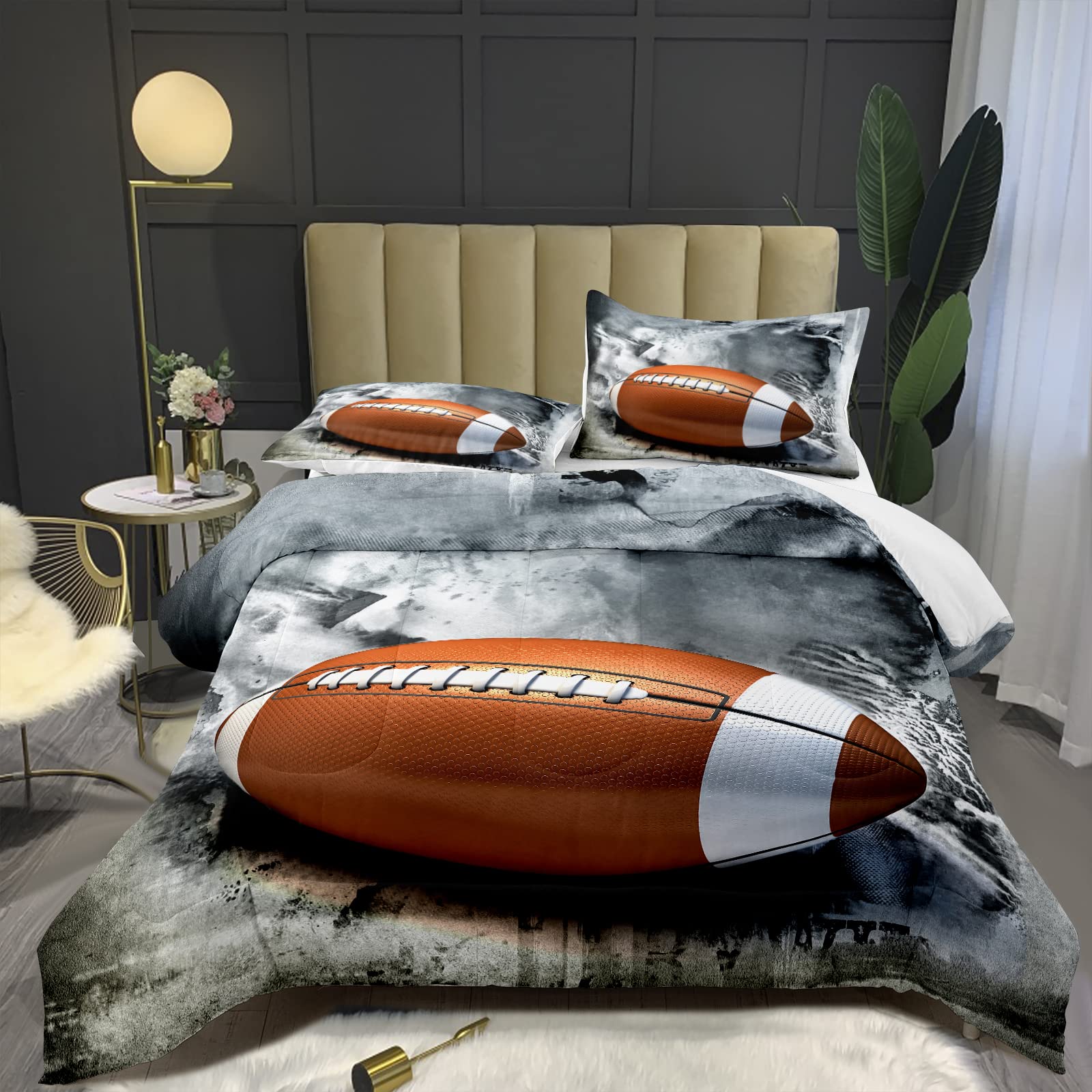 Bodhi Football Comforter Set Twin for Boys Kids American Football Bedding Set Landscape Painting Sport Comforter, Football Grey Color Comforter with Pillowcase Football Quilt,Twin Size #4001