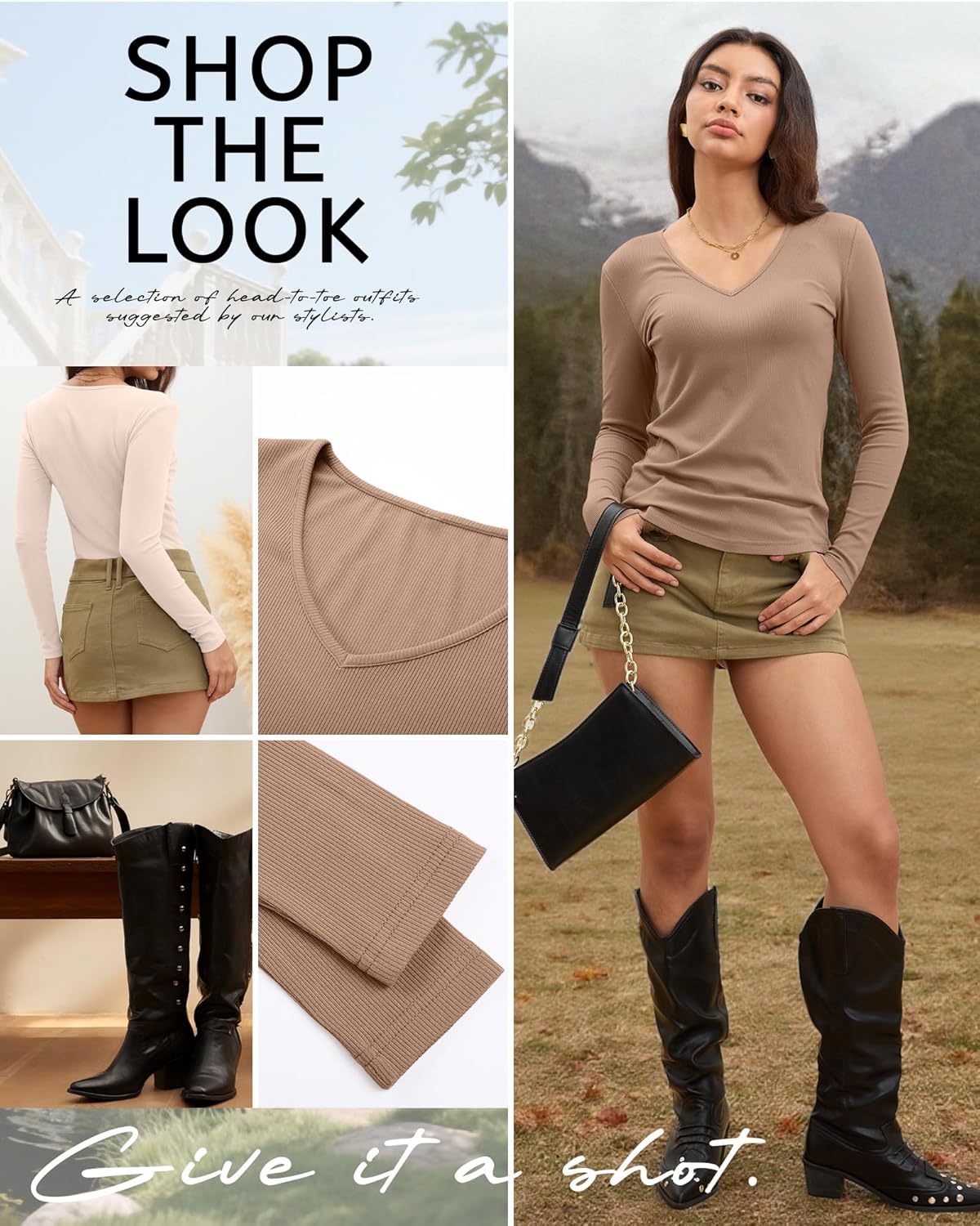 Ficerd 3 Pack Women's Long Sleeve T Shirts Cotton V Neck Slim Fit Tops Ribbed Knit Layering Casual Basic Tees Fall - Image 6