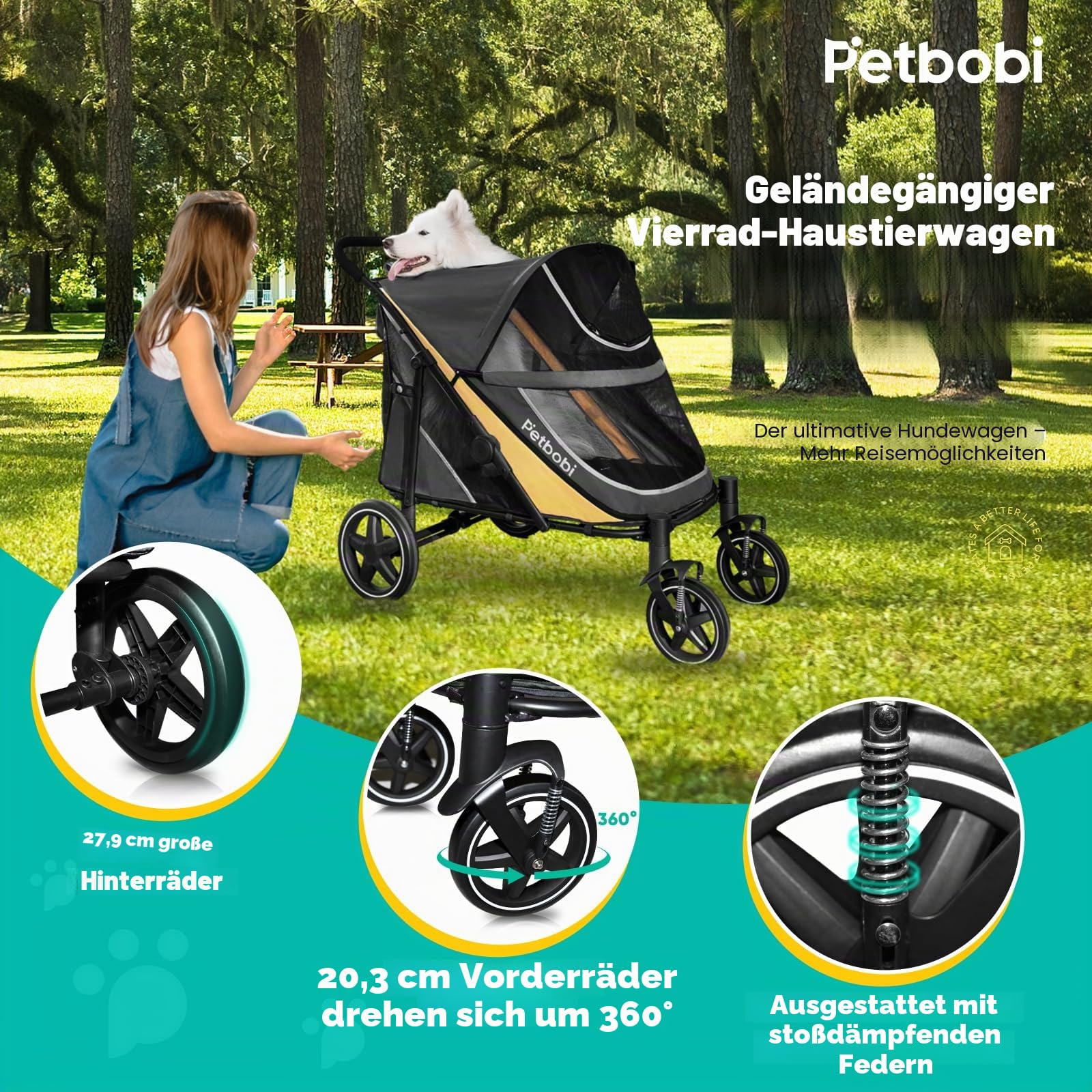 Petbobi Hundekinderwagen für mittelgroße und große Hunde, leicht zusammenklappbar, Doppel-Einstieg, Fußbremse, All-Terrain mit Luftnetz, ideal für ältere Haustiere bis 36 kg, Schwarz