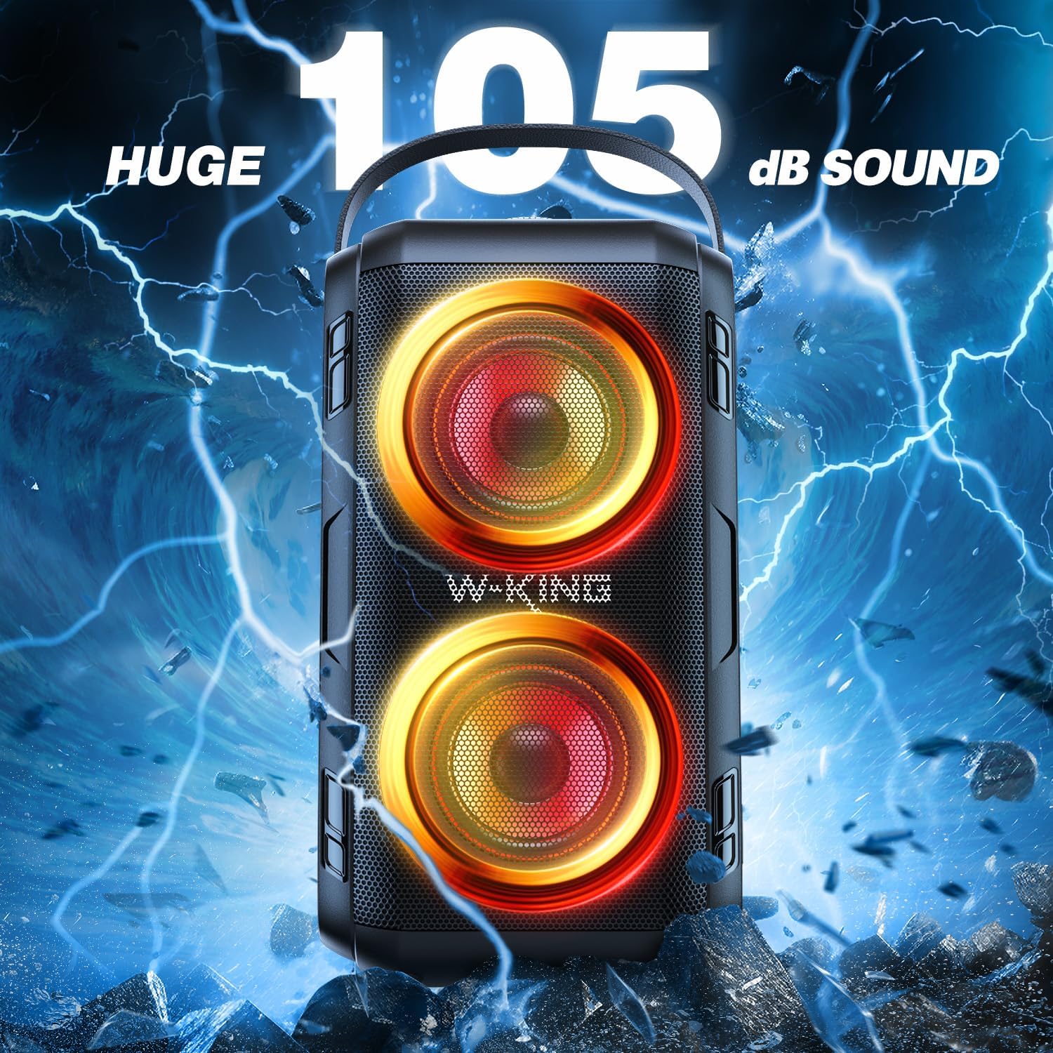 W-KING 80W Portable Party Boom Box Outdoor Wireless Bluetooth Speaker Loud Big Large with 2 Full-Range Drivers-Super Bass with Lights, IPX5, Huge 105dB Sound, 24H, U-Disk, TF, AUX, EQ - Image 3