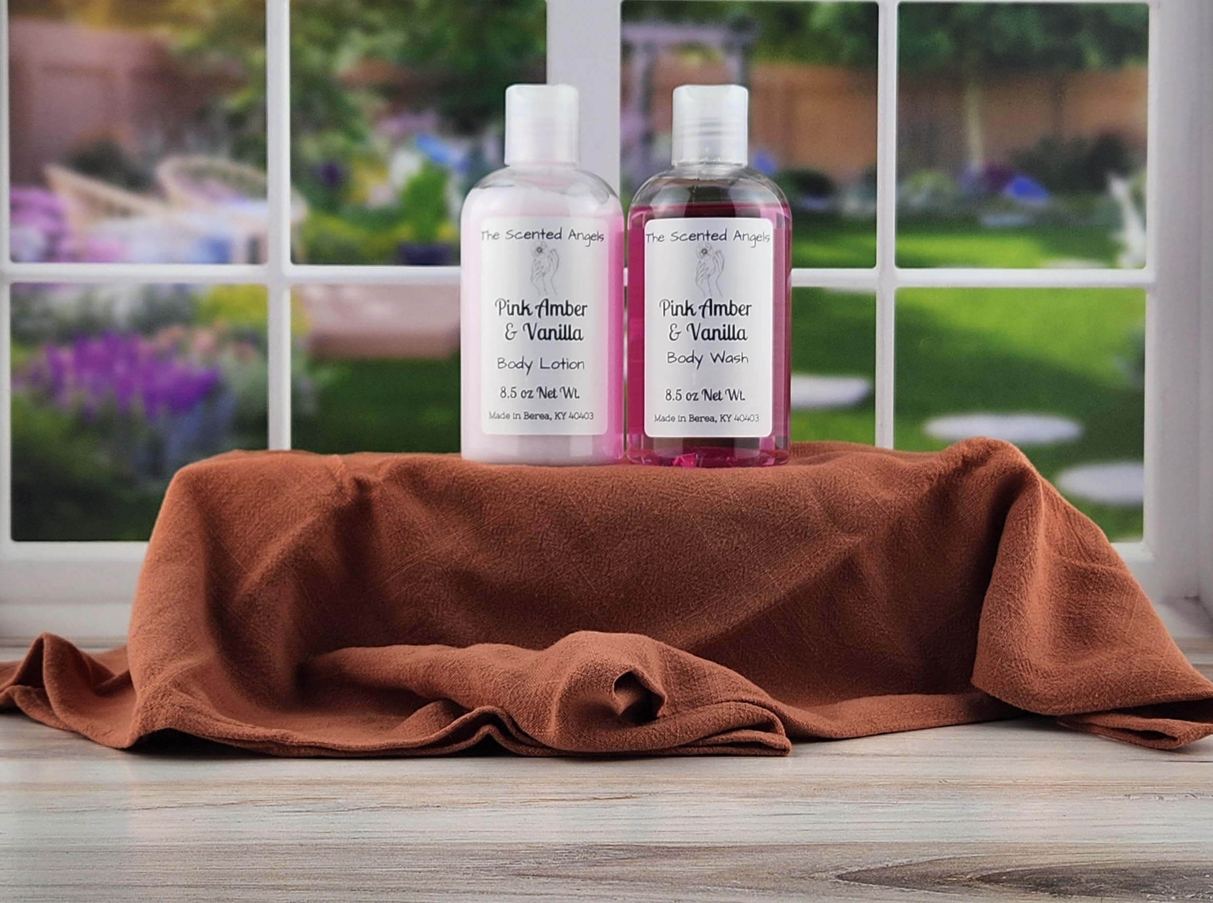 TSA Handmade All Natural Lotion and Body Wash Set, Romantic Pink Amber and Vanilla, Long Lasting Fragrance, Scented Soap, Spa, Date Night, Woman, Men, Love, Set of 2 8oz