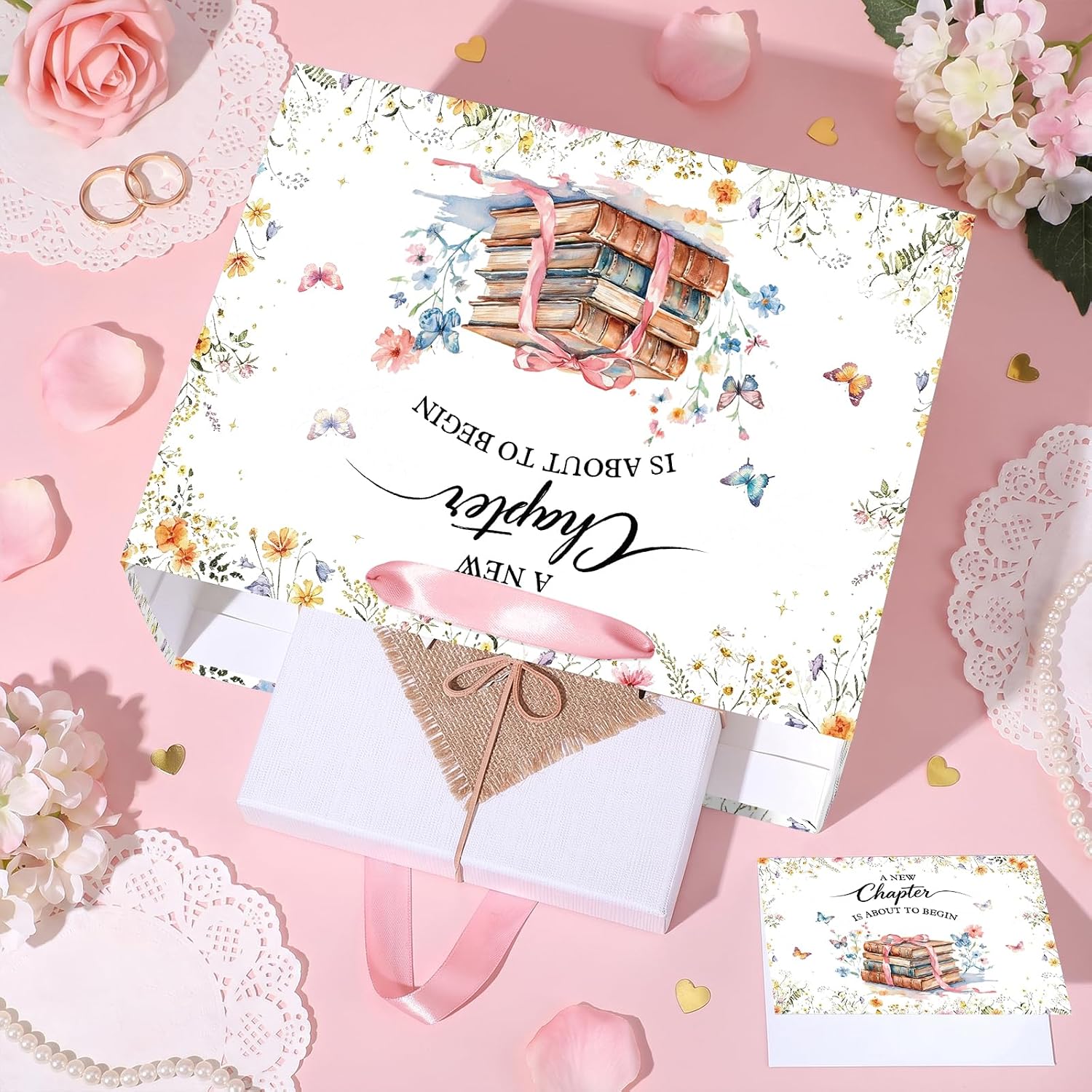 Book Themed Wedding Gift Bag Pink Library Florlal Bridal Shower Gift Bag with Tissue Paper and Card A New Chapter is about to Begin Gifts for Baby Shower Bachelorette Bride Engagement Party Supplies image 5
