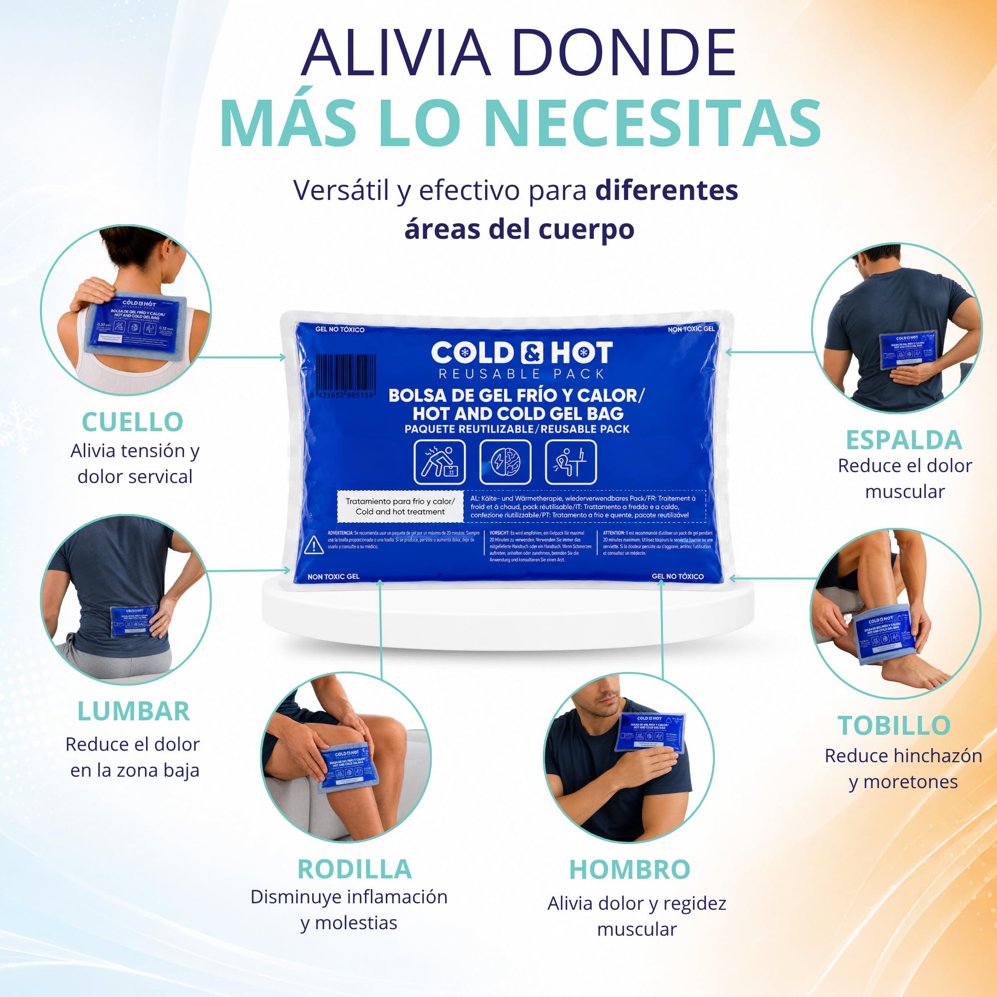 Bolsa de Gel Frío/Calor Reutilizable (26 x 15 cm) - Bolsa Flexible - Multifuncional - Ideal para Terapias, Dolor Muscular, Fiebre y Lesiones Deportivas - Aptas para Nevera y Microondas