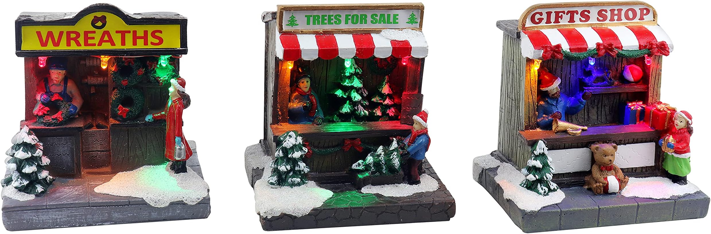 Christmas Village Shops Set of 3 - Includes Pre-lit Wreath, Tree and Gift Shop - Perfect Addition to Your Christmas Indoor Decorations & Snow Village Displays