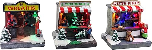 Juego de 3 tiendas de pueblo navideño, incluye corona preiluminada, árbol y tienda de regalos, complemento perfecto para tus decoraciones navideñas