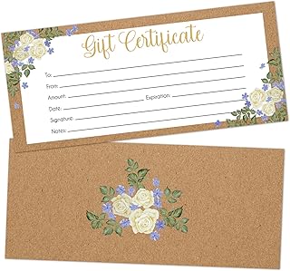 Blank Gift Certificates, 25 Floral Kraft Gift Certificate Cards for Business, Spa, Salon, Massage, Restaurants, Custom Client Vouchers for Birthday, Work Card -05