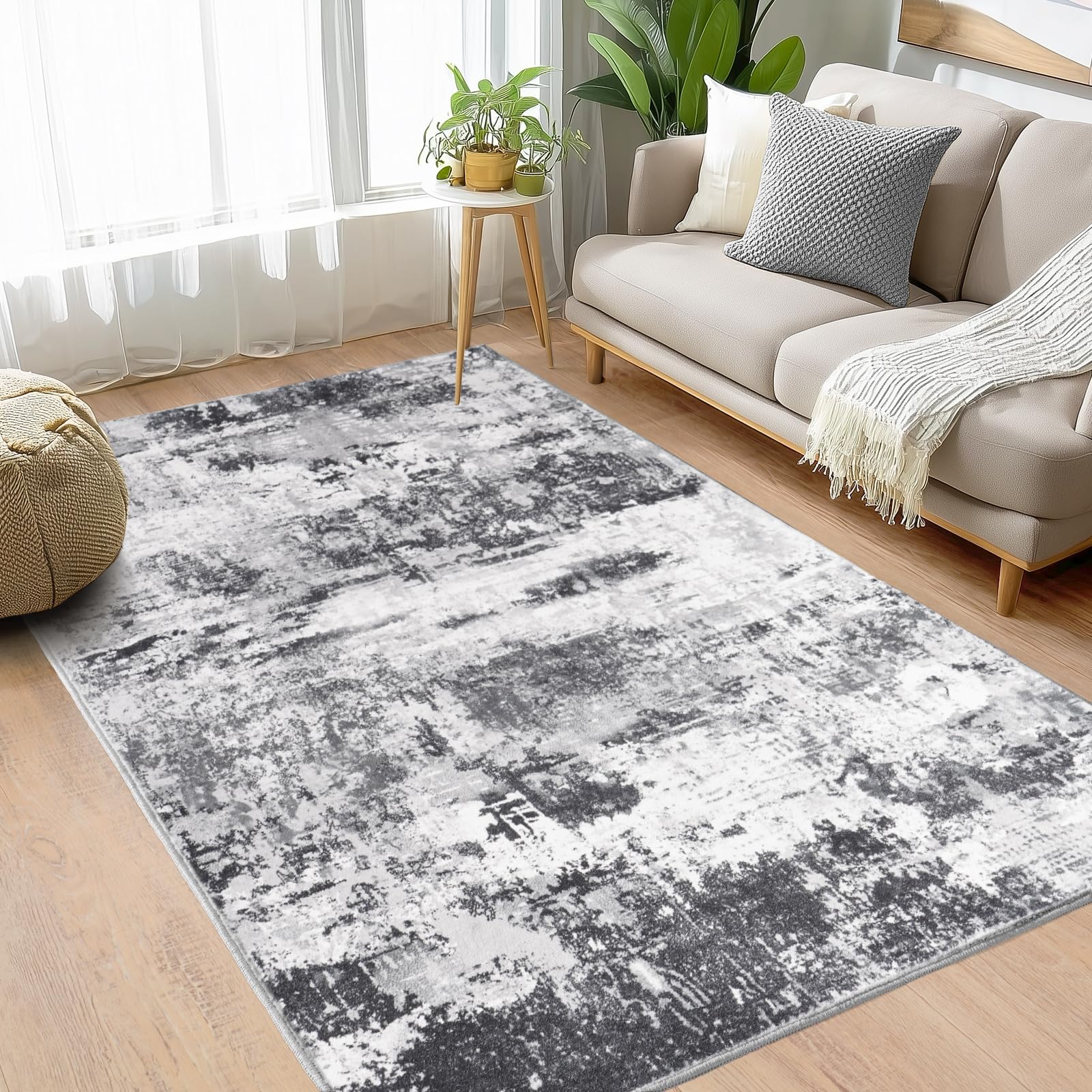 Rezutan Washable Living Room Rug 120x160cm, Modern Abstract Area Rug Soft Low Pile Non-Slip Carpet for Bedroom Lounge Dining Room Home Office Decor -Black/White — image 1