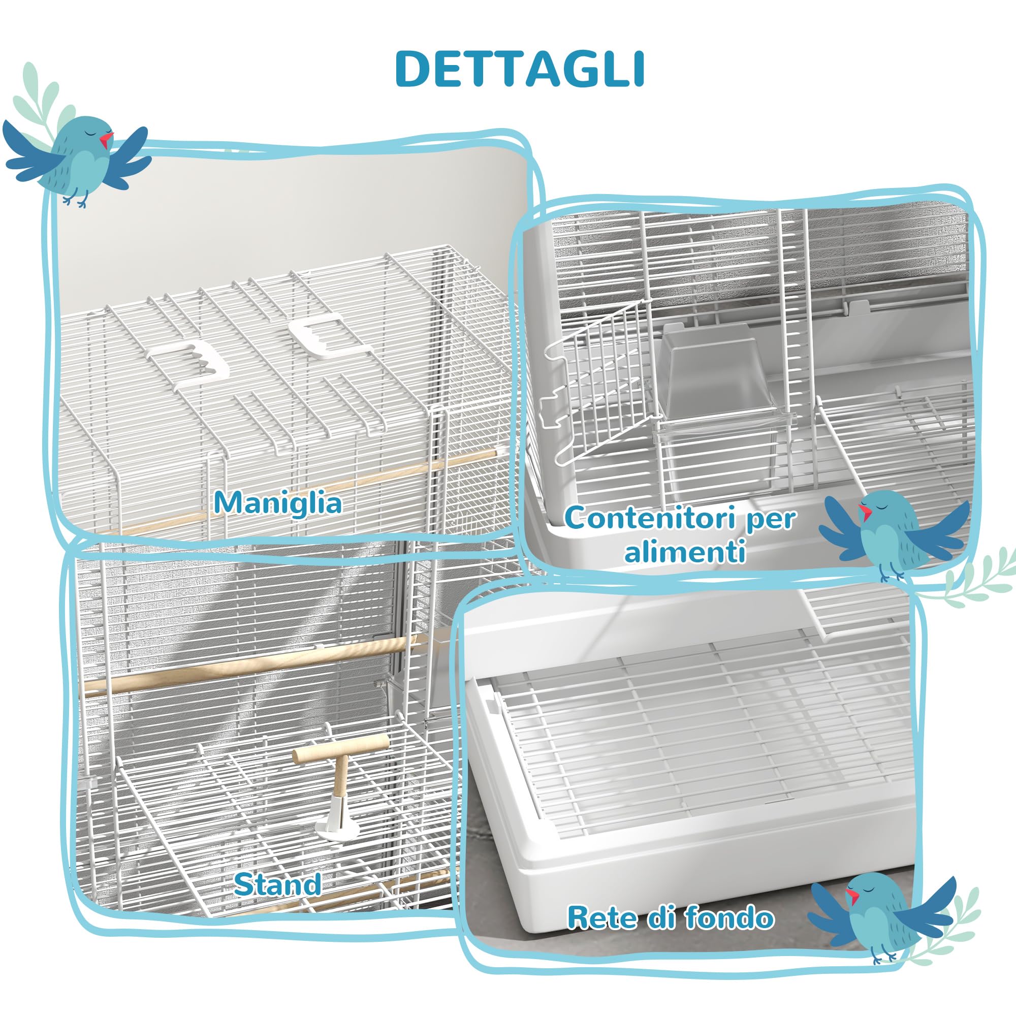 PawHut Gabbia per Canarini con Posatoi in Legno, Voliera per Uccelli in Acciaio con 2 Maniglie, Vassoio Rimovibile e Ciotole per Cibo, 61x36.5x98 cm, Bianco