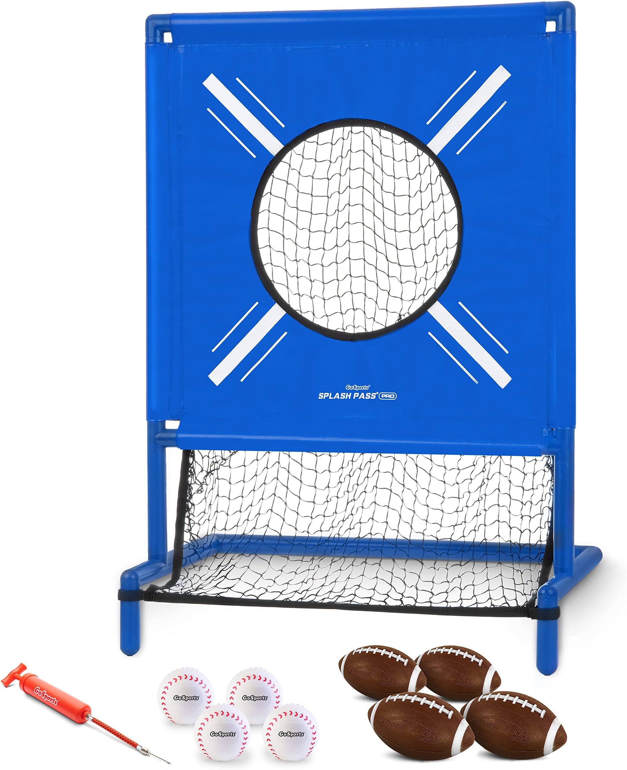 GoSports Splash Pass PRO Pool Football Game - Includes 4 Footballs, 4 Baseballs, and Ball Pump