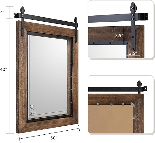 Miniatura 2 de YOSHOOT Espejo rústico para puerta de granero, espejo de baño rústico de 40 x 30 pulgadas, espejo de pared con marco de madera, espejo de madera