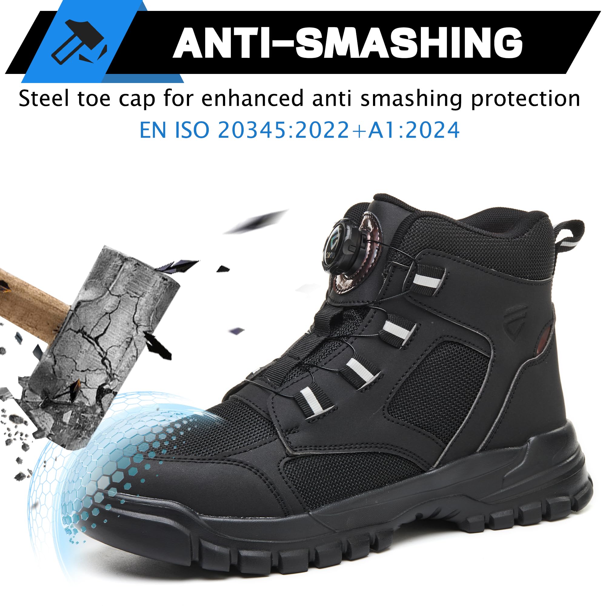 Sicherheitsstiefel Herren Damen Atmungsaktiv Arbeitsschuhe Hoch Leicht | Sportlich Sicherheitsschuhe mit Stahlkappe, Drehverschluss, rutschfeste Gummisohle für Bau Werkstatt Lager