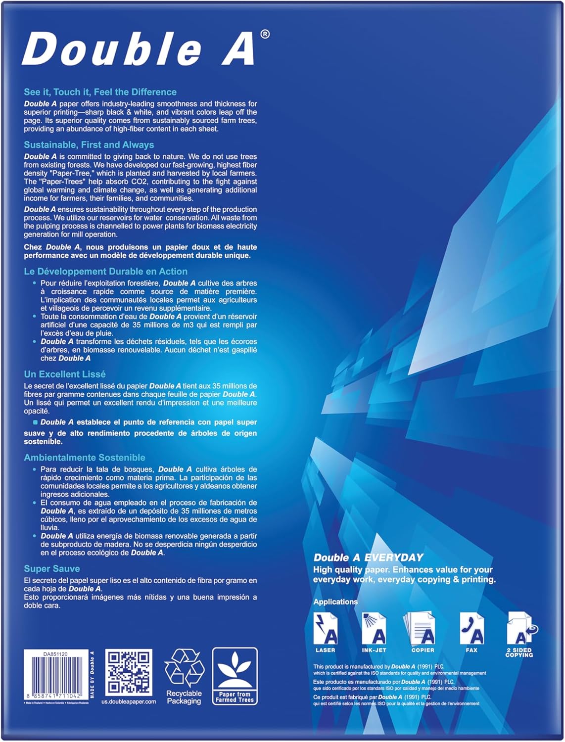 Double A Everyday Copy & Multipurpose Paper, Letter Size 8.5" x 11", Bright White, Smooth Finish for Inkjet & Laser Printers, Acid‑Free, High‑Quality Color & Black/White Printing