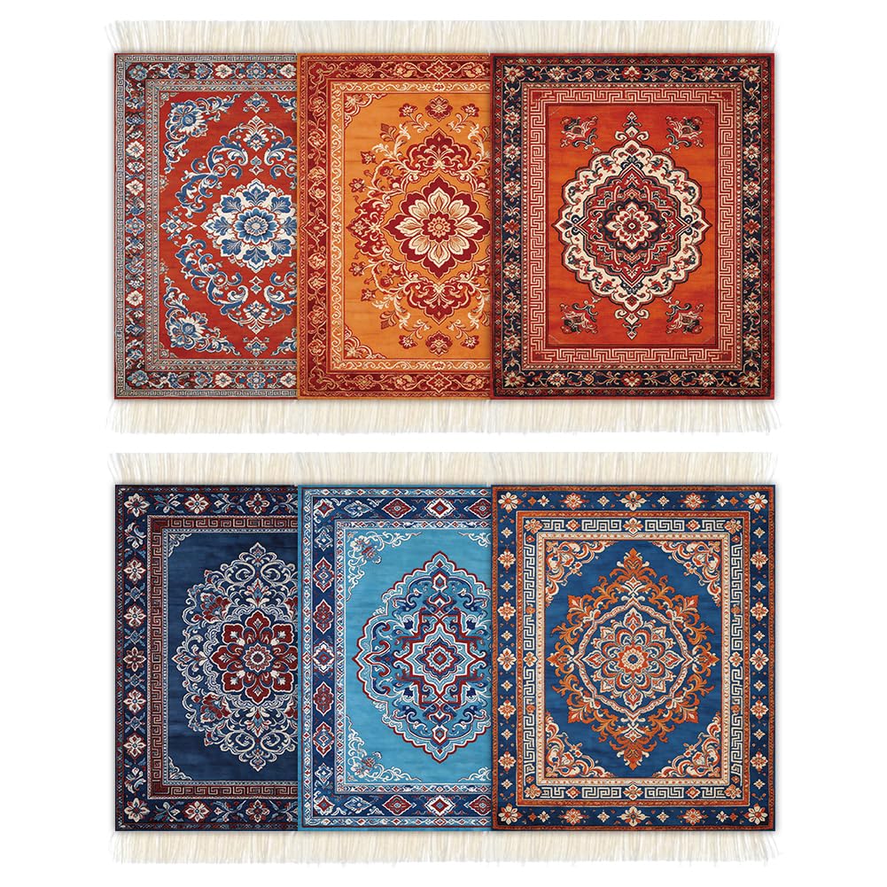 ANATTASOUL Coasters Set of 6 Bohemian Rug Absorbent Turkish Rug Coasters, 3.54"x5.11" Non-Slip Rectangular Carpet Drink Mats with Fringe for Kitchen Office Home Decor Housewarming Gifts