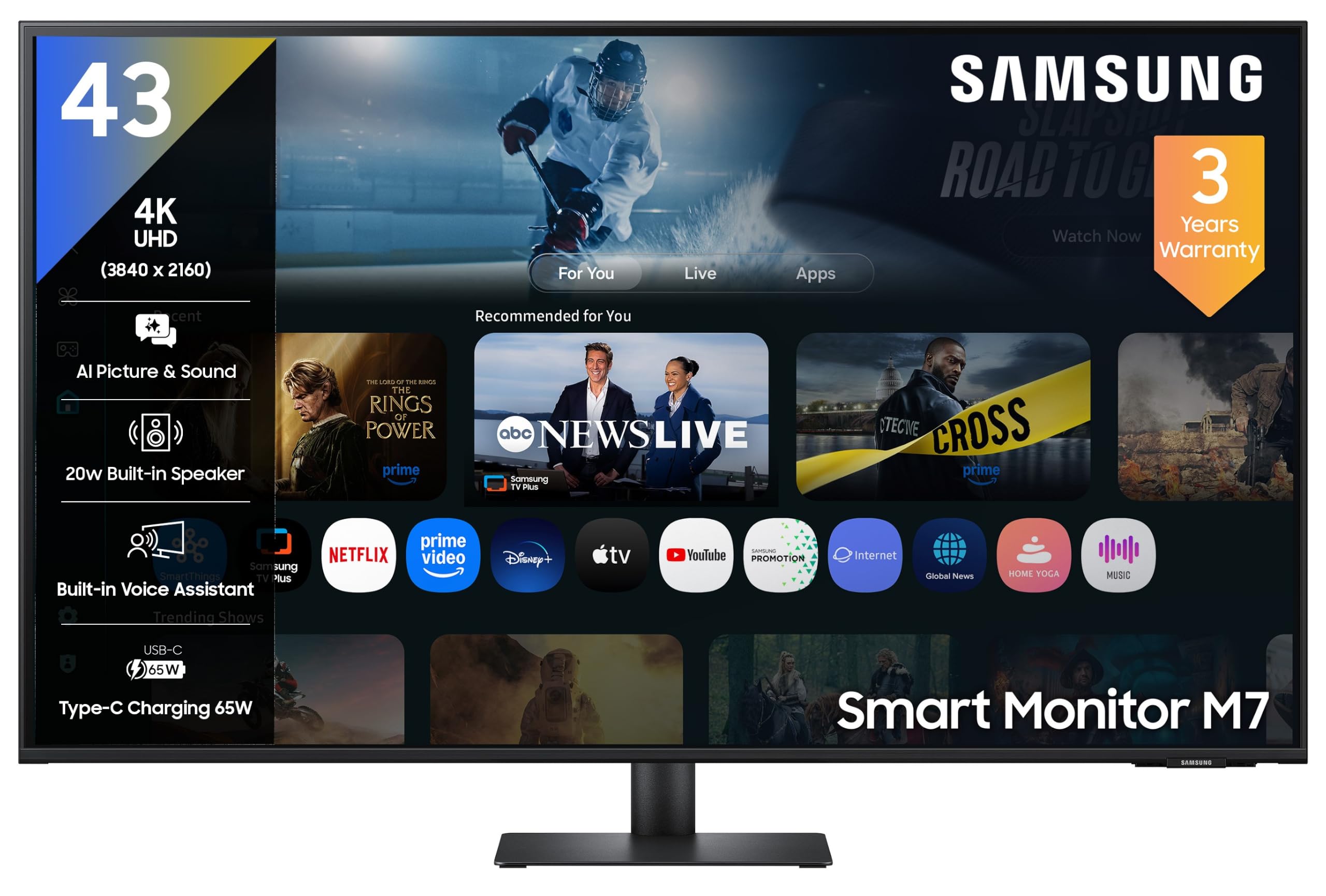 samsung m7 series 43 inch (1.08 m) vision ai smart monitor, 4k (3840x2160), in-built speaker, smart tv apps, airplay, 60hz, 4ms, wi-fi, bluetooth, usb, usb-c, wireless display (ls43fm700uwxxl, white)