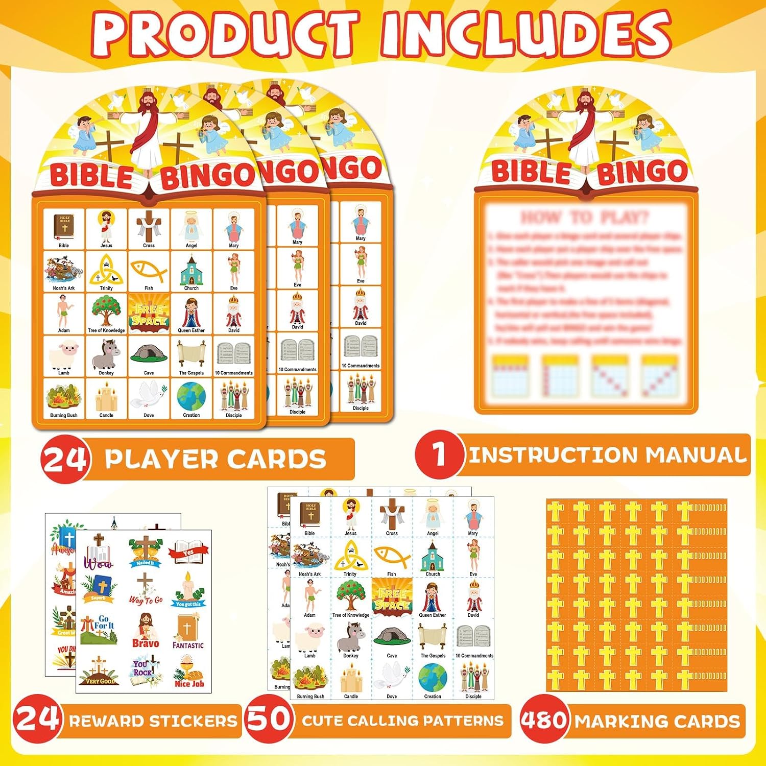 39 Pcs Bible Theme Bingo Game for Adults 24 Players Christian Party Bingo Game Cards with Reward Stickers for Family Friends Large Group Gathering Christian Sunday School Church Open Day Favors image 2
