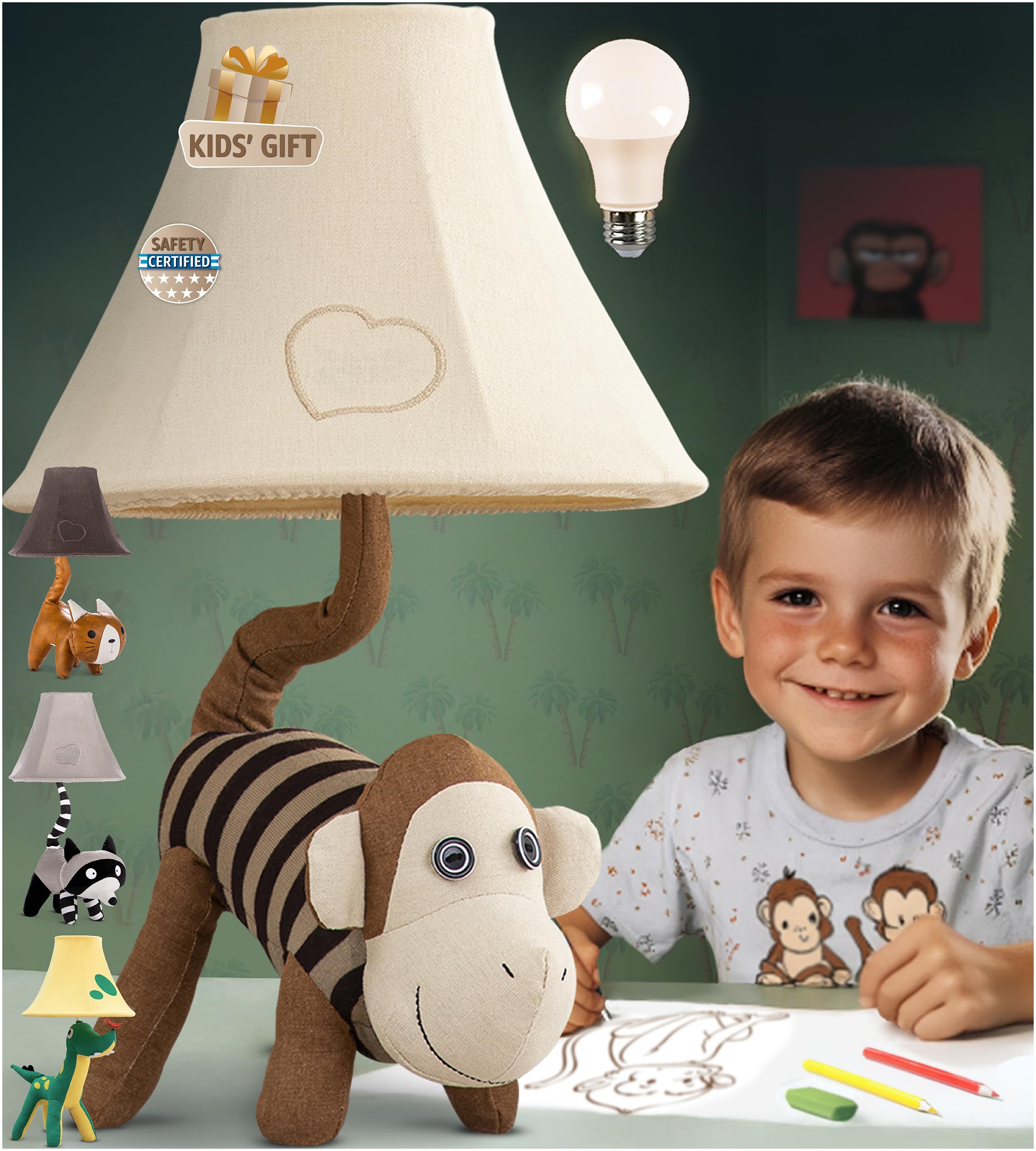 Lampa Monkey Kids do sypialni chłopców - 50 cm, lampa ze zwierzętami do pokoju dziecięcego - prezenty świąteczne, prezenty urodzinowe, dla wszystkich grup wiekowych: małe dziewczynki, dzieci, wnuki w