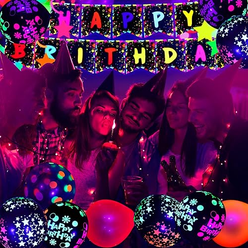 Miniatura 4 de Jetec 71 piezas de decoraciones de neón para fiesta de cumpleaños, incluyen globos transparentes que brillan en la oscuridad, globos de neón UV,