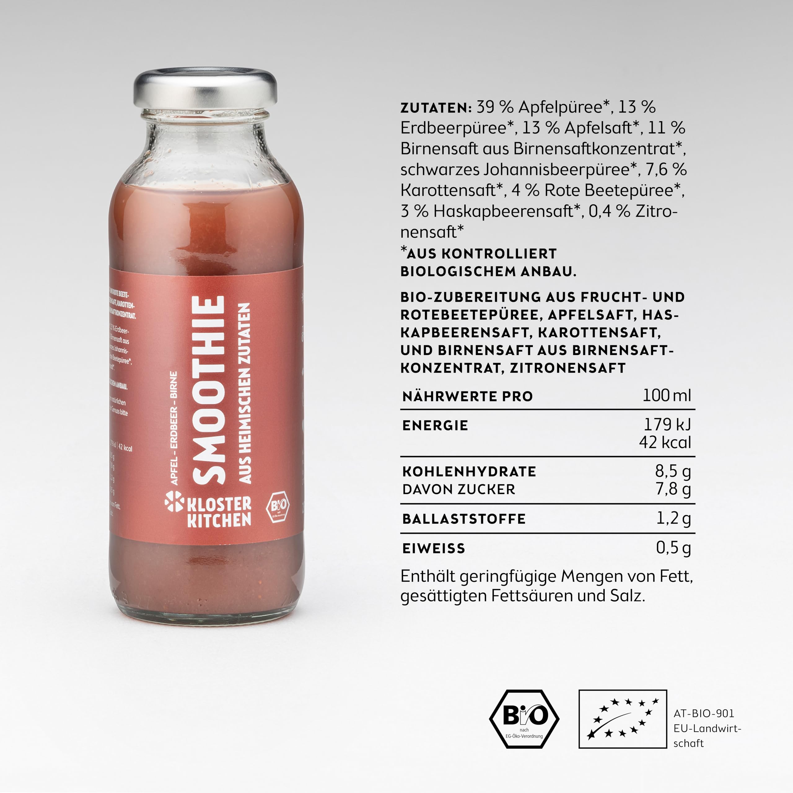 Kloster Kitchen Bio Smoothie Rot Apfel Birne Erdbeer 12x 250 ml I Superfood Frühstück vegan I To Go Glasflasche I Powerfood aus heimischen Zutaten