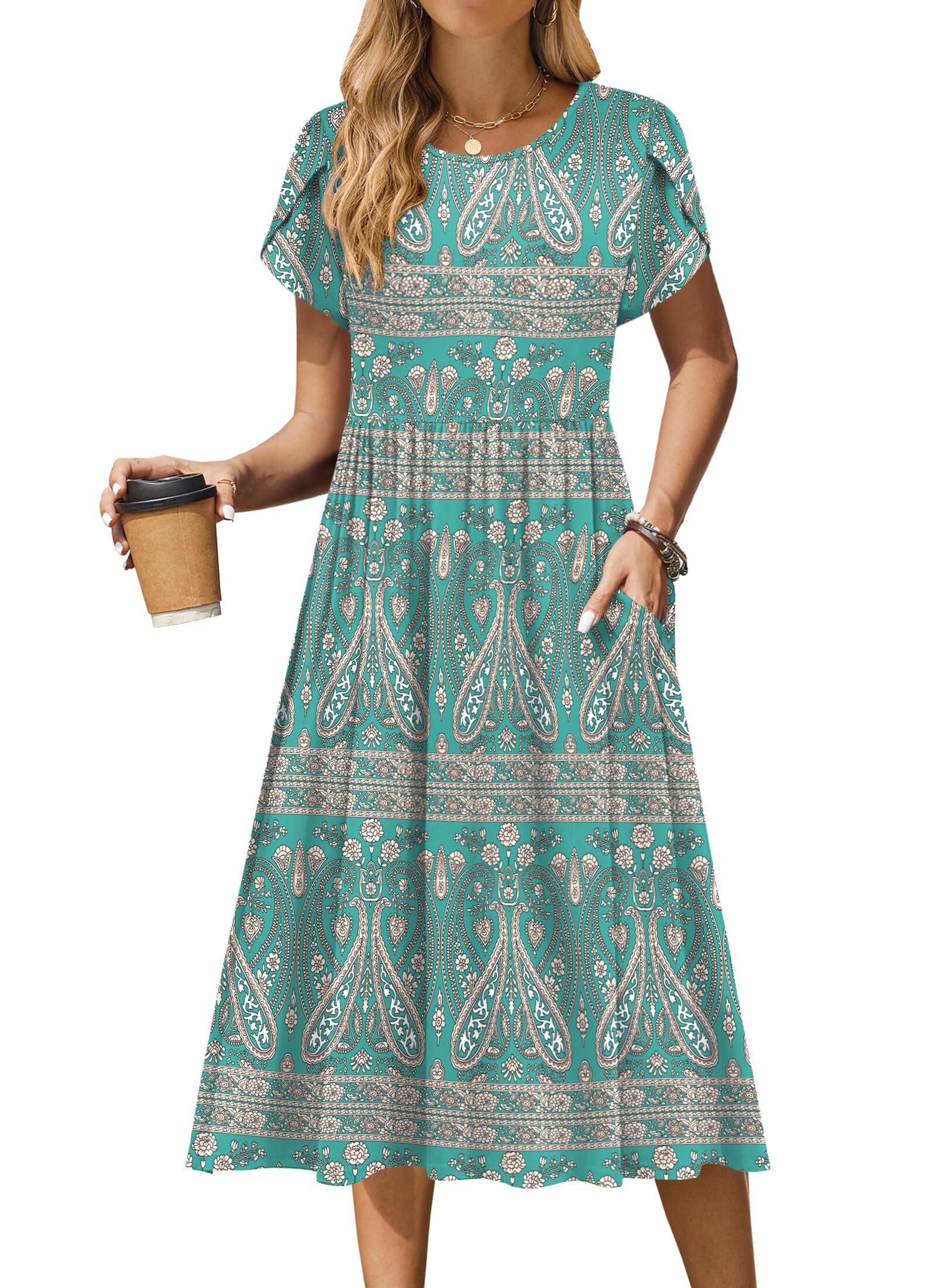 Zeagoo Women Summer Short Sleeve Midi Dress with Pockets Casual Aline Flowy Tshirt Dress Floral Vocation Beach Sundress