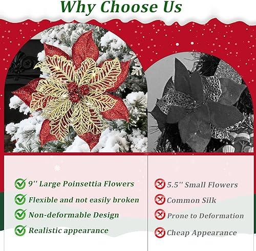 Miniatura 3 de Flores de Pascua de Navidad grandes de 9 pulgadas, 4 piezas de adornos artificiales para árbol de Navidad con purpurina roja y dorada con clips para