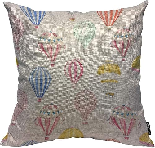 Mugod Funda de almohada cuadrada decorativa con patrón de globos aerostáticos en acuarela para el hogar, dormitorio, sala de estar, 18 x 18 pulgadas