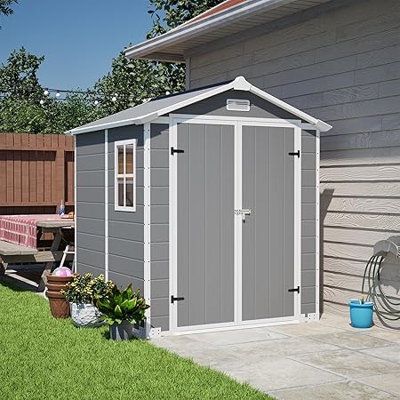 6x6 Resin Outdoor Storage Shed Kit Plastic Sheds Perfect to Store Patio Furniture, Garden Tools Bike Accessories, Beach Chairs and Lawn Mower, Grey & White